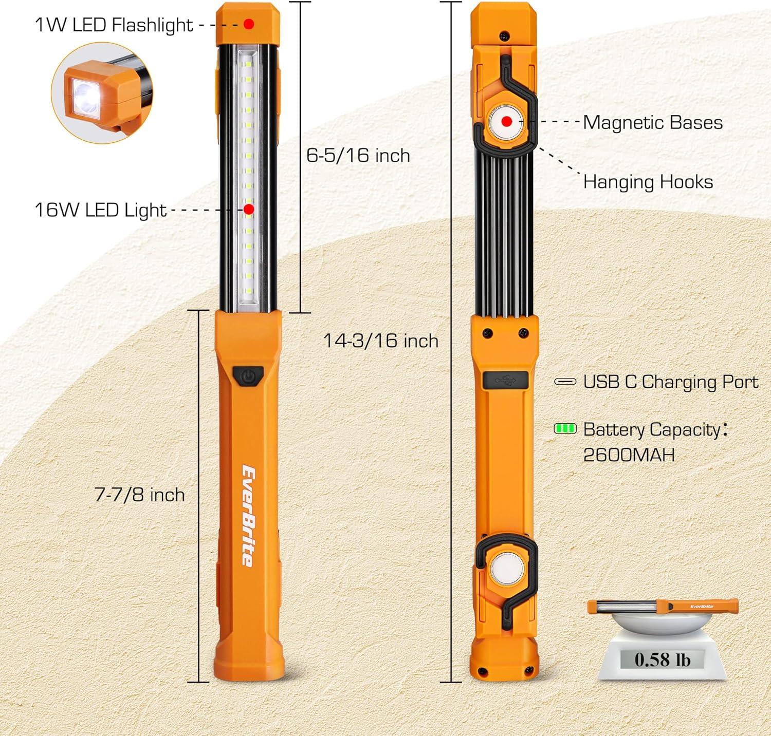 image:imageEverBrite 1000LM LED Work Light Rechargeable Work Light for Mechanics with Dual Magnetic BasesampHanging Hooks 4 Lighting Modes USB C Cable Ideal Christmas Gift for Car Repair Working Pack of 22
