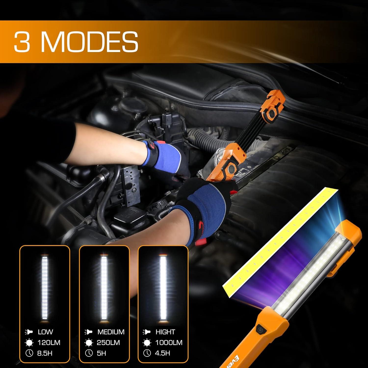 image:imageEverBrite 1000LM LED Work Light Rechargeable Work Light for Mechanics with Dual Magnetic BasesampHanging Hooks 4 Lighting Modes USB C Cable Ideal Christmas Gift for Car Repair Working Pack of 22