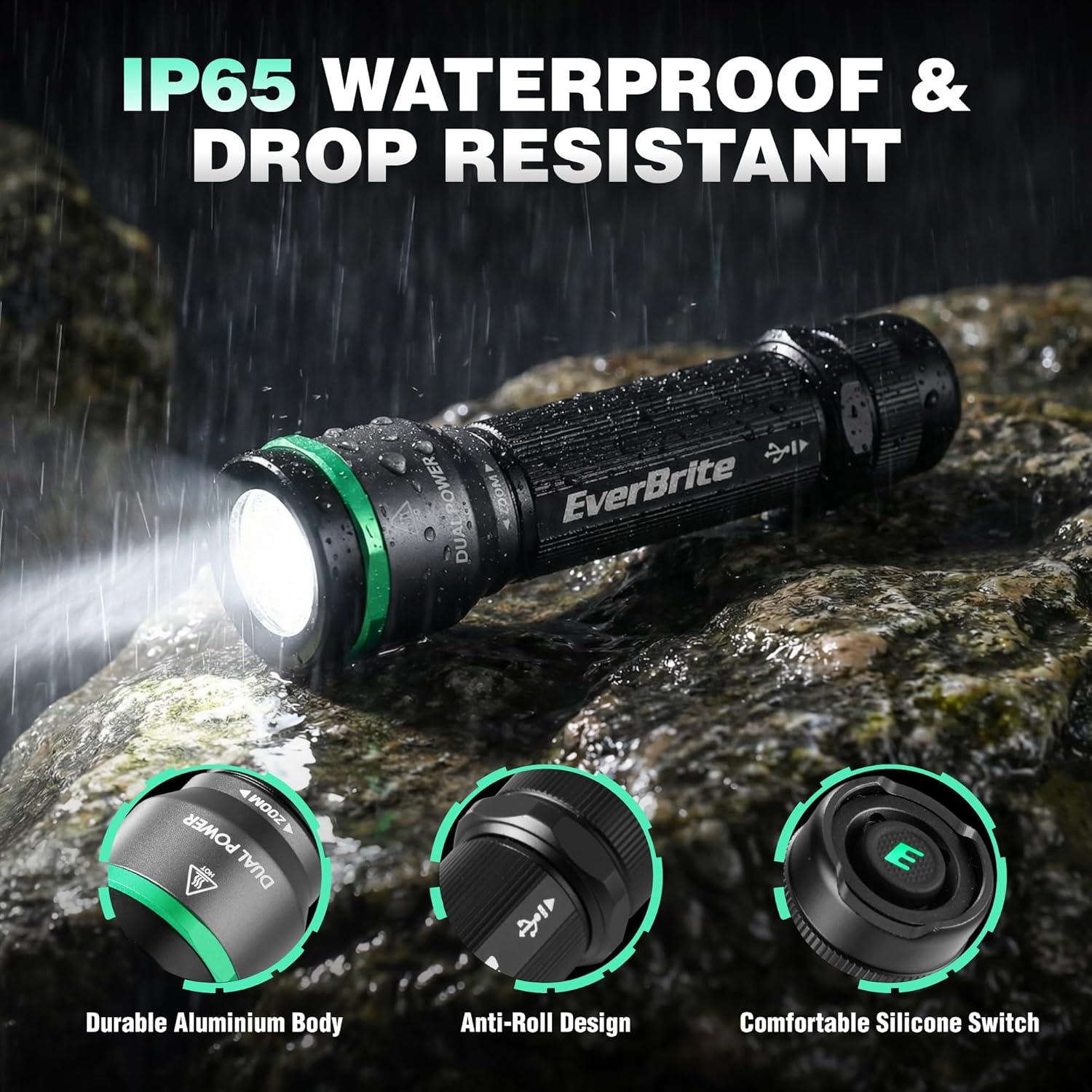 image:imageEverBrite 1000LM Small Flashlight 5 Modes Zoomable Flash Light Rechargeable Flashlights High Lumens Dual Power Rechargeable or AA Battery Pocket Flashlight for Home Emergency Hiking Camping