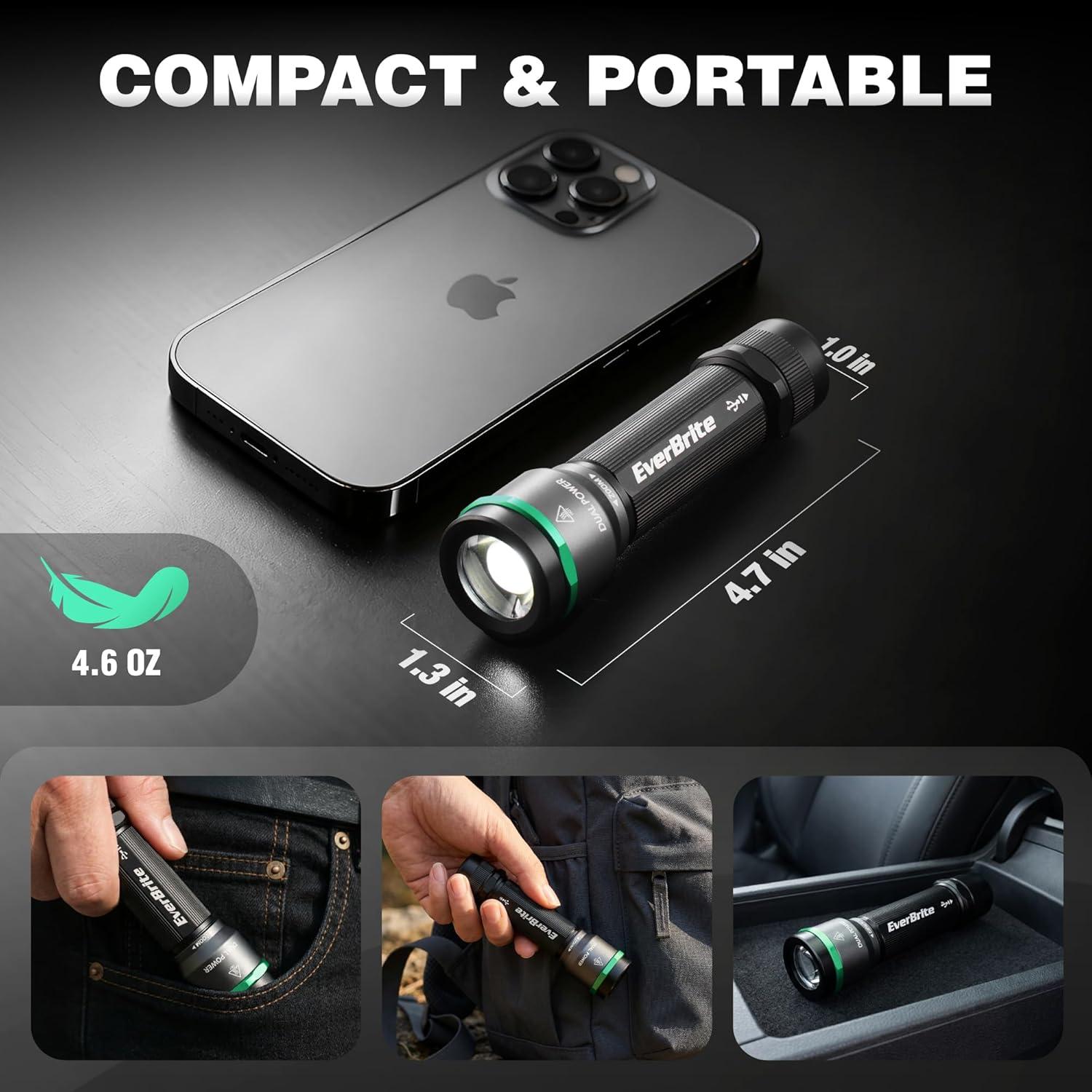 image:imageEverBrite 1000LM Small Flashlight 5 Modes Zoomable Flash Light Rechargeable Flashlights High Lumens Dual Power Rechargeable or AA Battery Pocket Flashlight for Home Emergency Hiking Camping