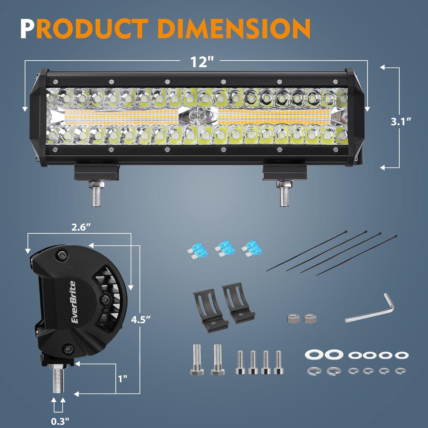image:imageEverBrite 12 Inch 300W Light Bar Spot Flood WhiteAmberStrobe 6 Modes with Memory Function Off Road Fog Driving Work Light for Truck Car with 16AWG Wiring Harness Kit