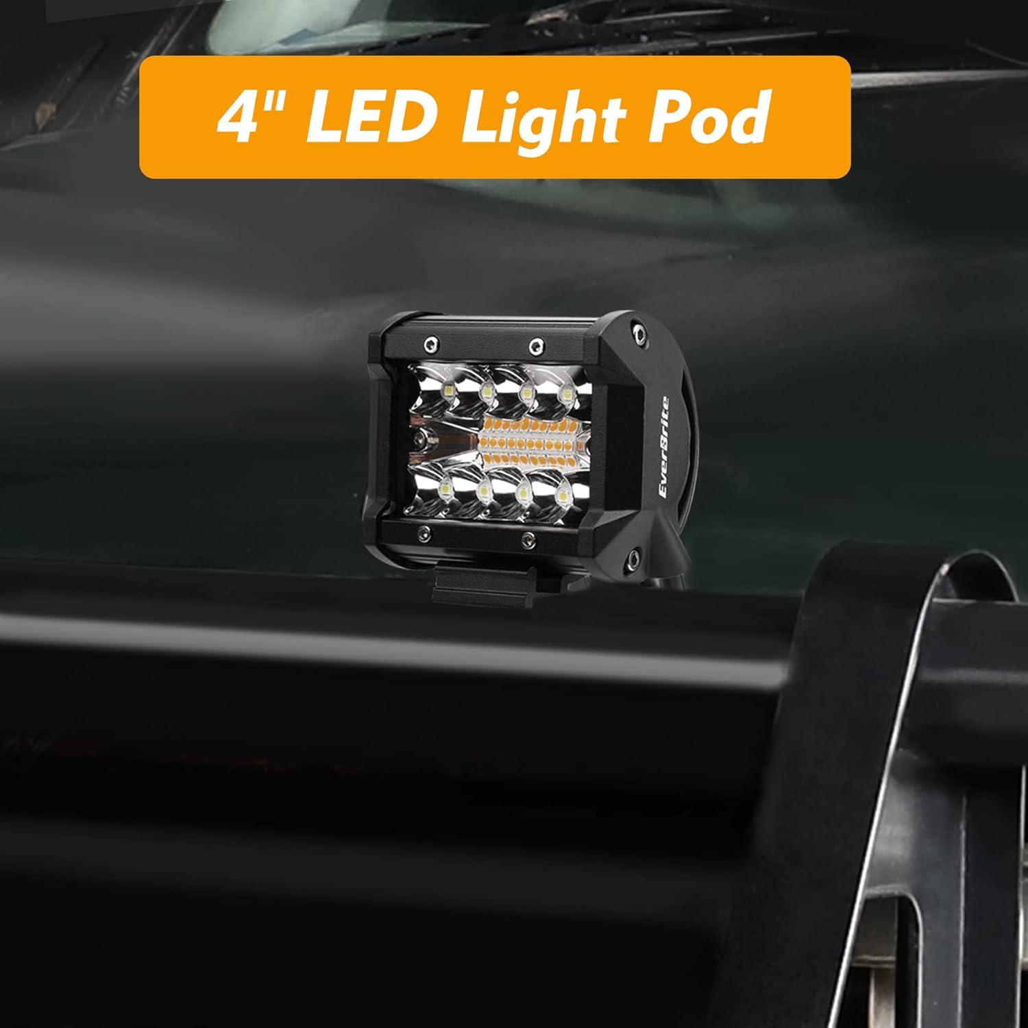 image:imageEverBrite 2PCS 4 Inch 60W Led Pods Off Road Light Pods White Amber Strobe 6 Modes with Memory Function 12V Led Lights for Trucks Car ATV SUV Cabin Boat 16AWG Wiring Harness Kit