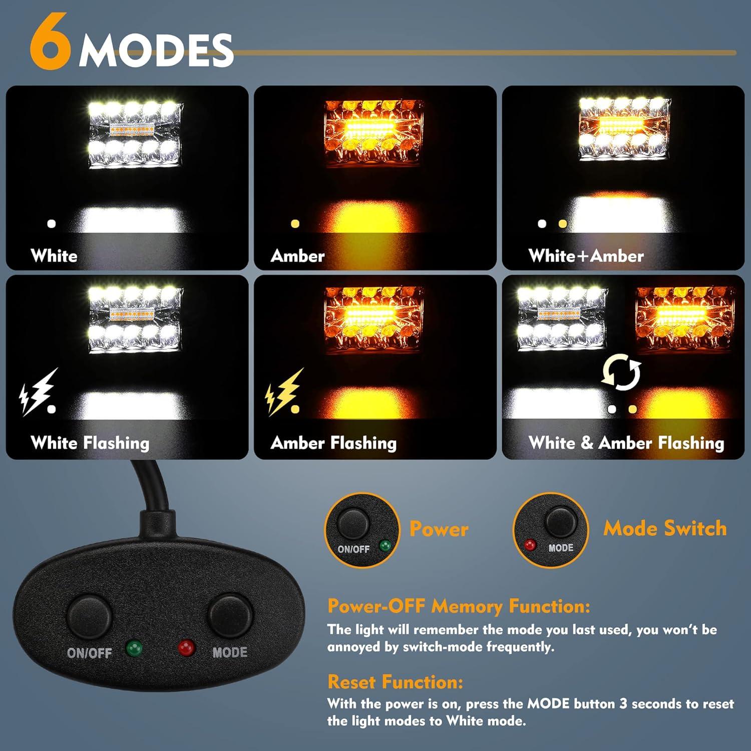 image:imageEverBrite 2PCS 4 Inch 60W Led Pods Off Road Light Pods White Amber Strobe 6 Modes with Memory Function 12V Led Lights for Trucks Car ATV SUV Cabin Boat 16AWG Wiring Harness Kit