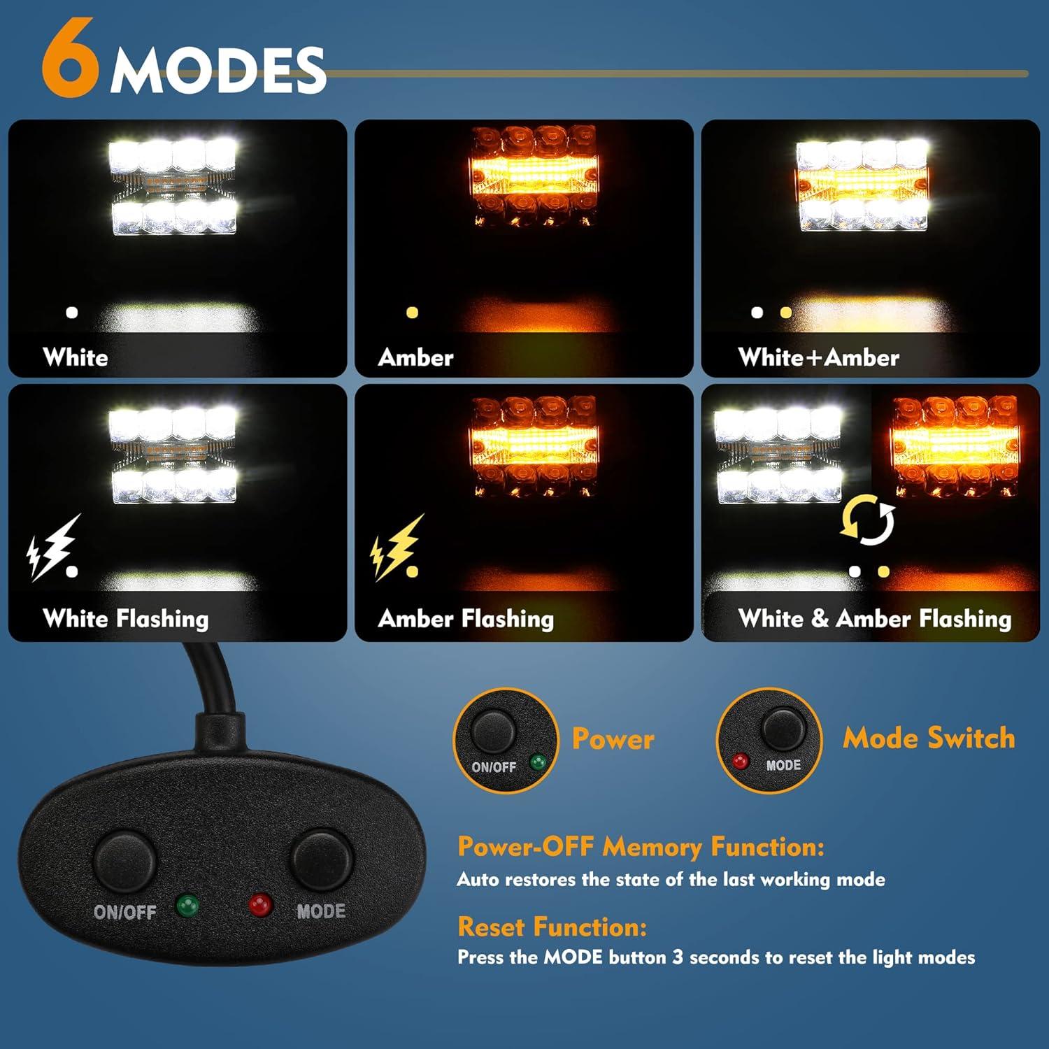 image:imageEverBrite 2PCS 48W Led Light Pods Flush Mount Spot Flood White Amber Strobe 6 Modes with Memory Function Off Road Fog Driving Light for Truck Car ATV SUV Cabin 16AWG Wiring Harness Kit 2 Leads