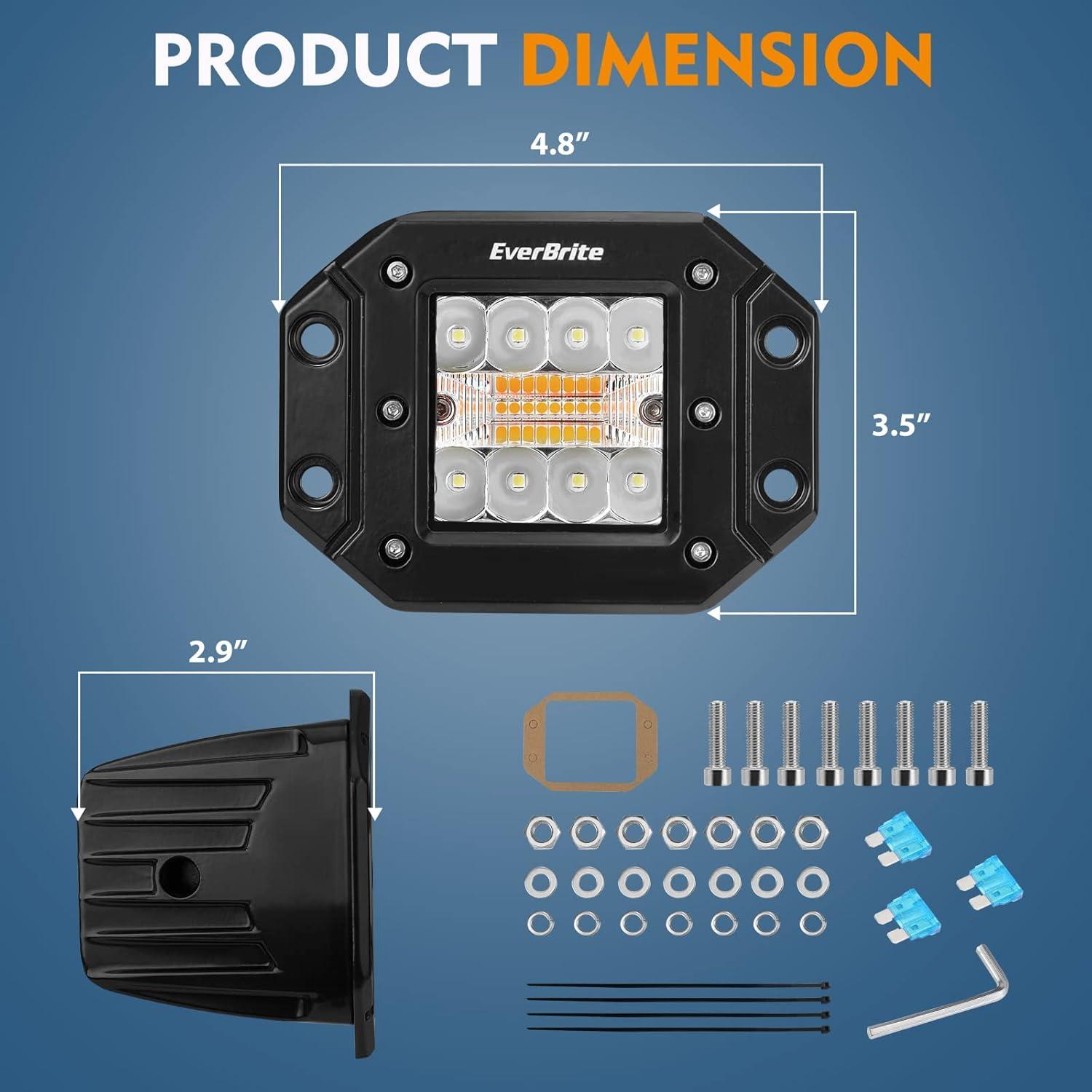 image:imageEverBrite 2PCS 48W Led Light Pods Flush Mount Spot Flood White Amber Strobe 6 Modes with Memory Function Off Road Fog Driving Light for Truck Car ATV SUV Cabin 16AWG Wiring Harness Kit 2 Leads