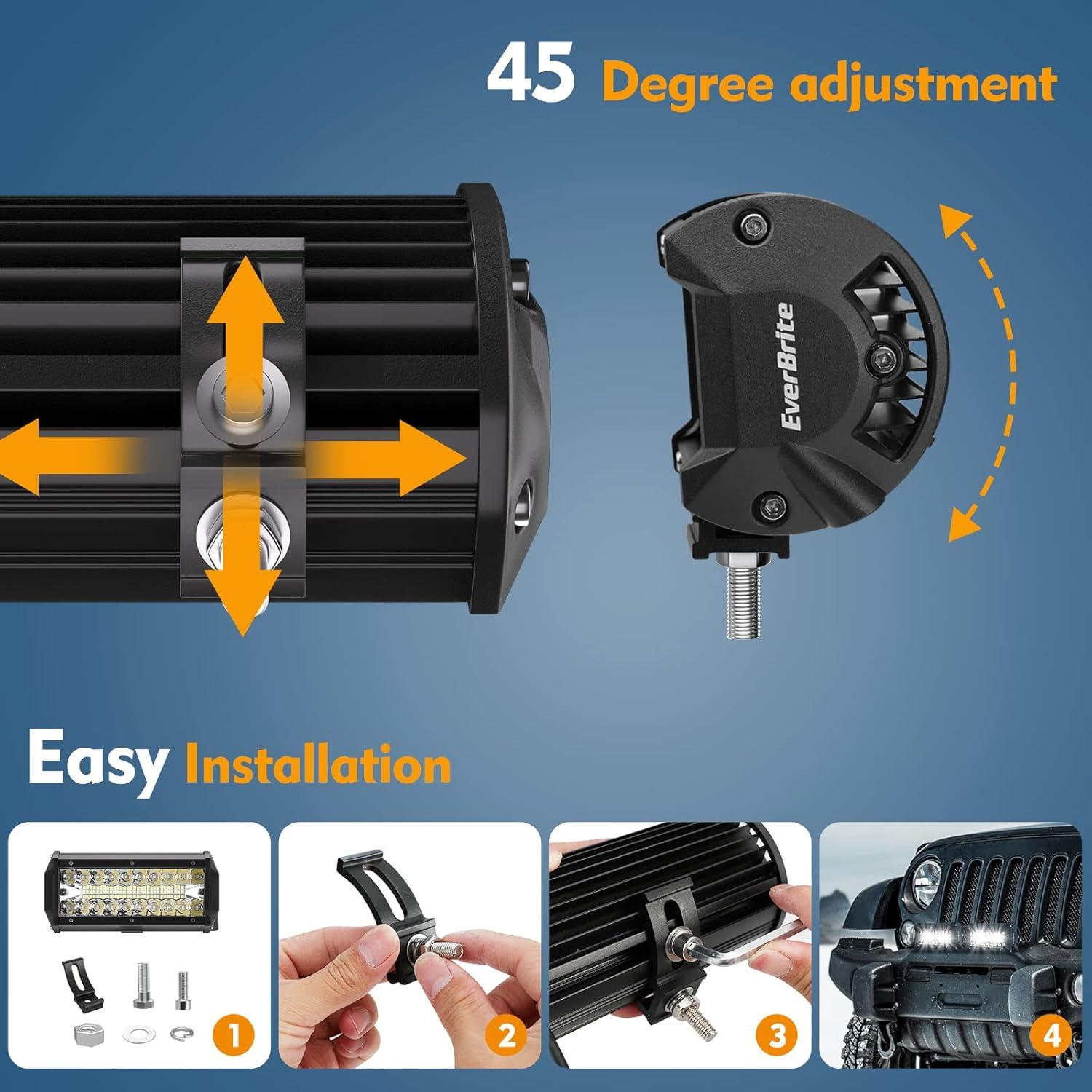 image:imageEverBrite 2PCS 7 Inch 150W Light Bar Spot Flood Off Road Fog Driving Work Light for Truck Car ATV SUV Cabin Boat with 16AWG Wiring Harness Kit 2 Leads