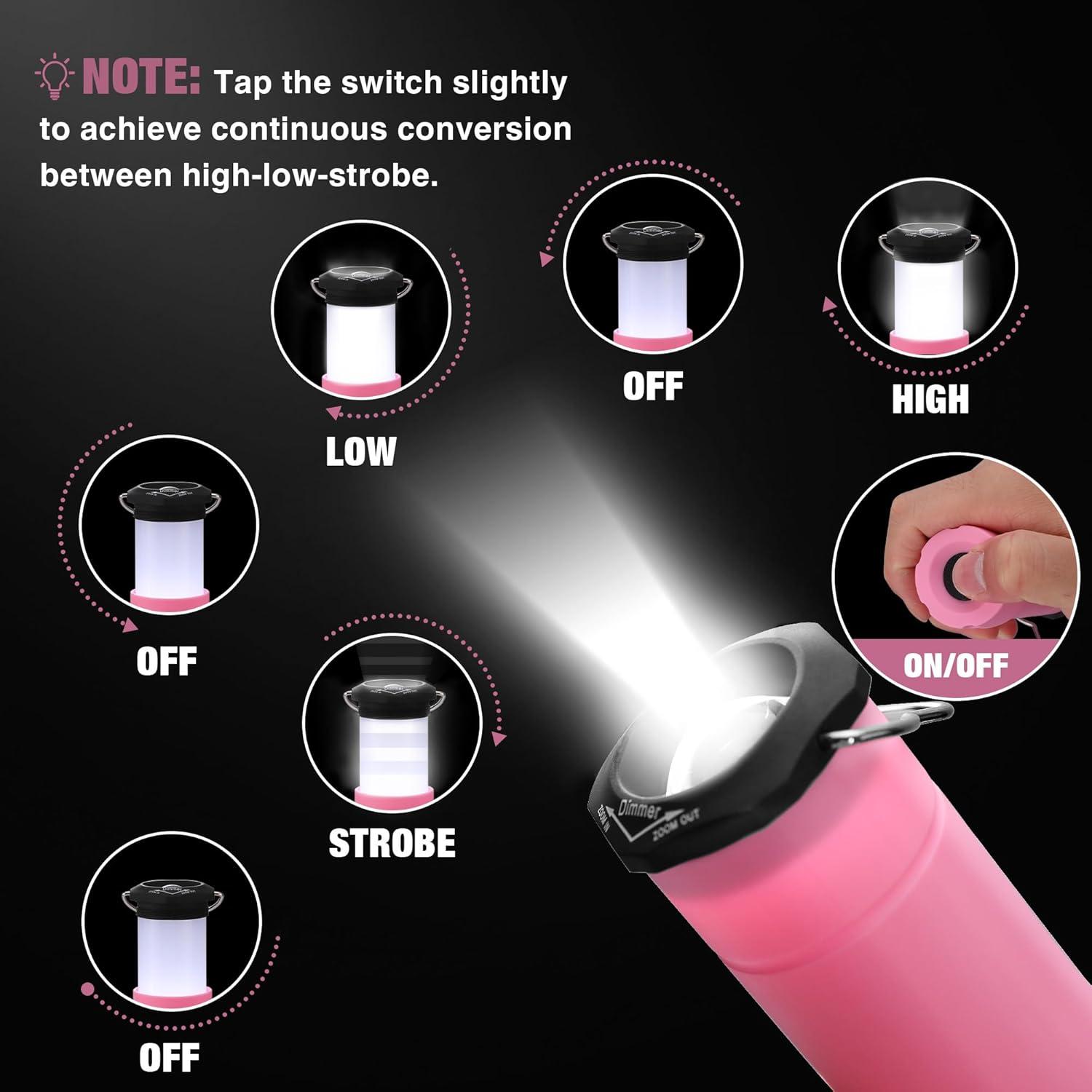 image:imageEverBrite 2in1 Mini Lanterns and Flashlights with 3 Modes 2 Pack Portable Outdoor LED Zoomable Torches Camping Essentials for Hurricane Hiking Night Walking Emergency Outdoor LightsPink