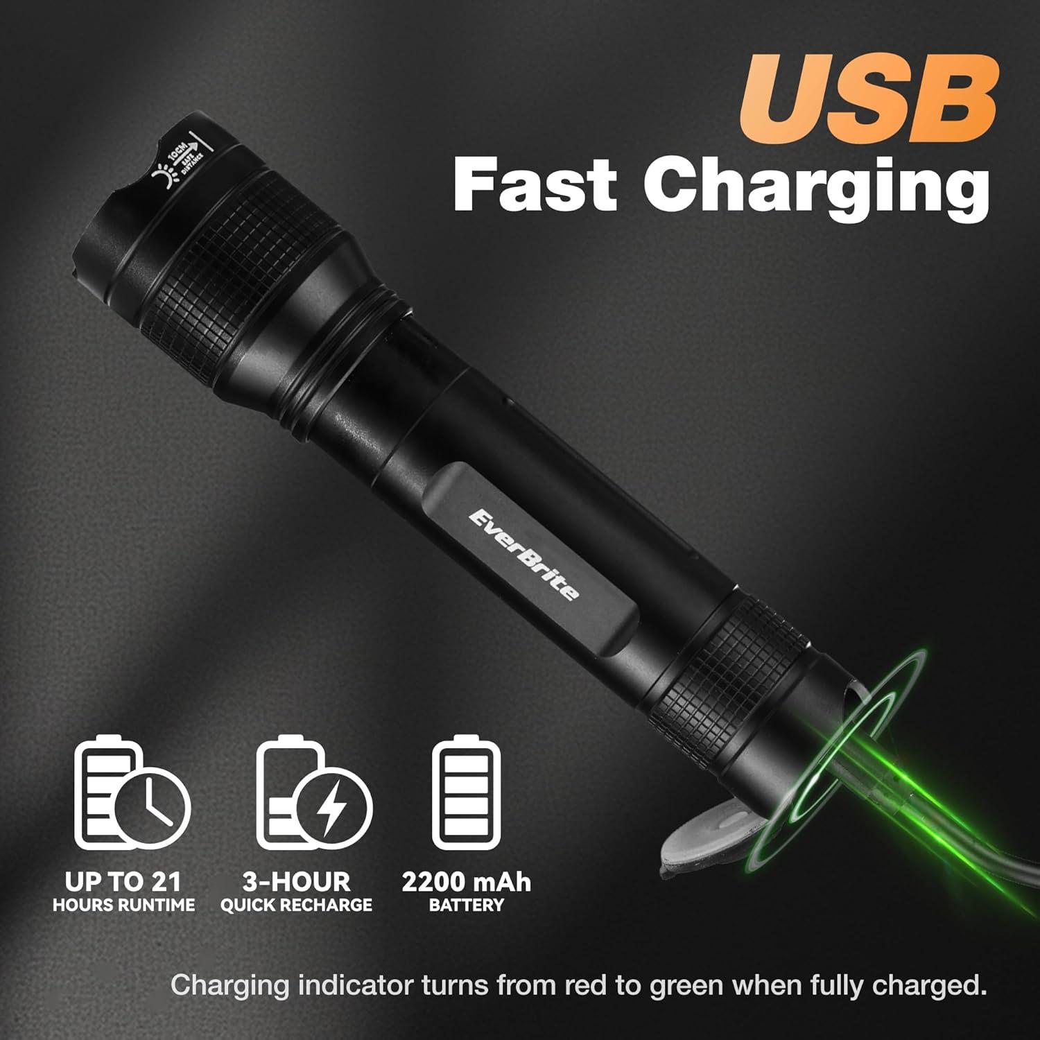 image:imageEverBrite 3000LM Rechargeable LED Flashlight Super Bright amp High Lumen Flashlight with 5 Modes Memory Function Power Indicator Zoomable Compact Small Light for Home Hiking amp Emergencies3000 Lumens
