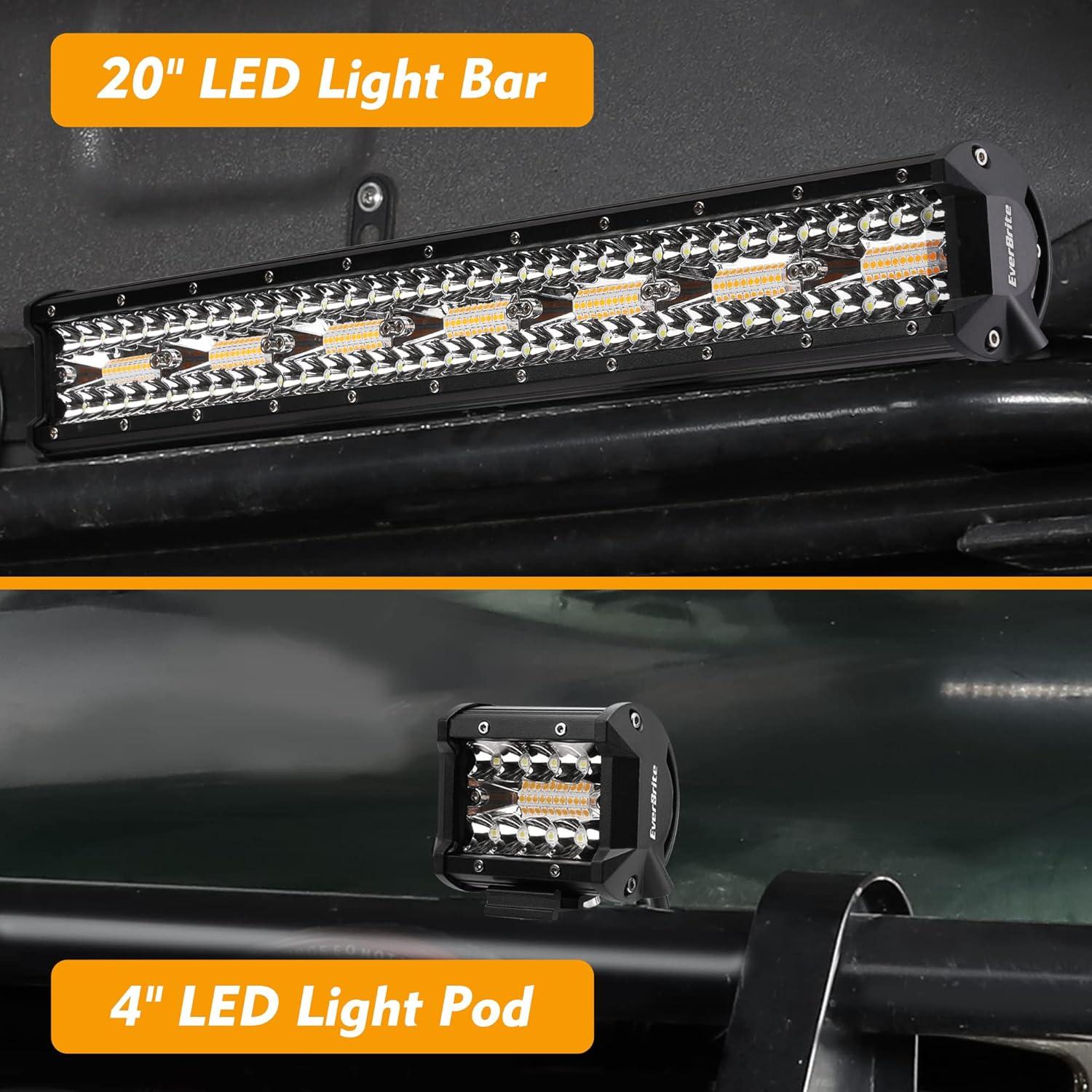 image:imageEverBrite 420W 20 Inch Led Pods 2PCS 60W 4 Inch Led Pods White Amber Strobe 6 Modes with Memory Function Off Road 12V Led Lights for Trucks Car ATV SUV Cabin Boat 16AWG Wiring Harness Kit