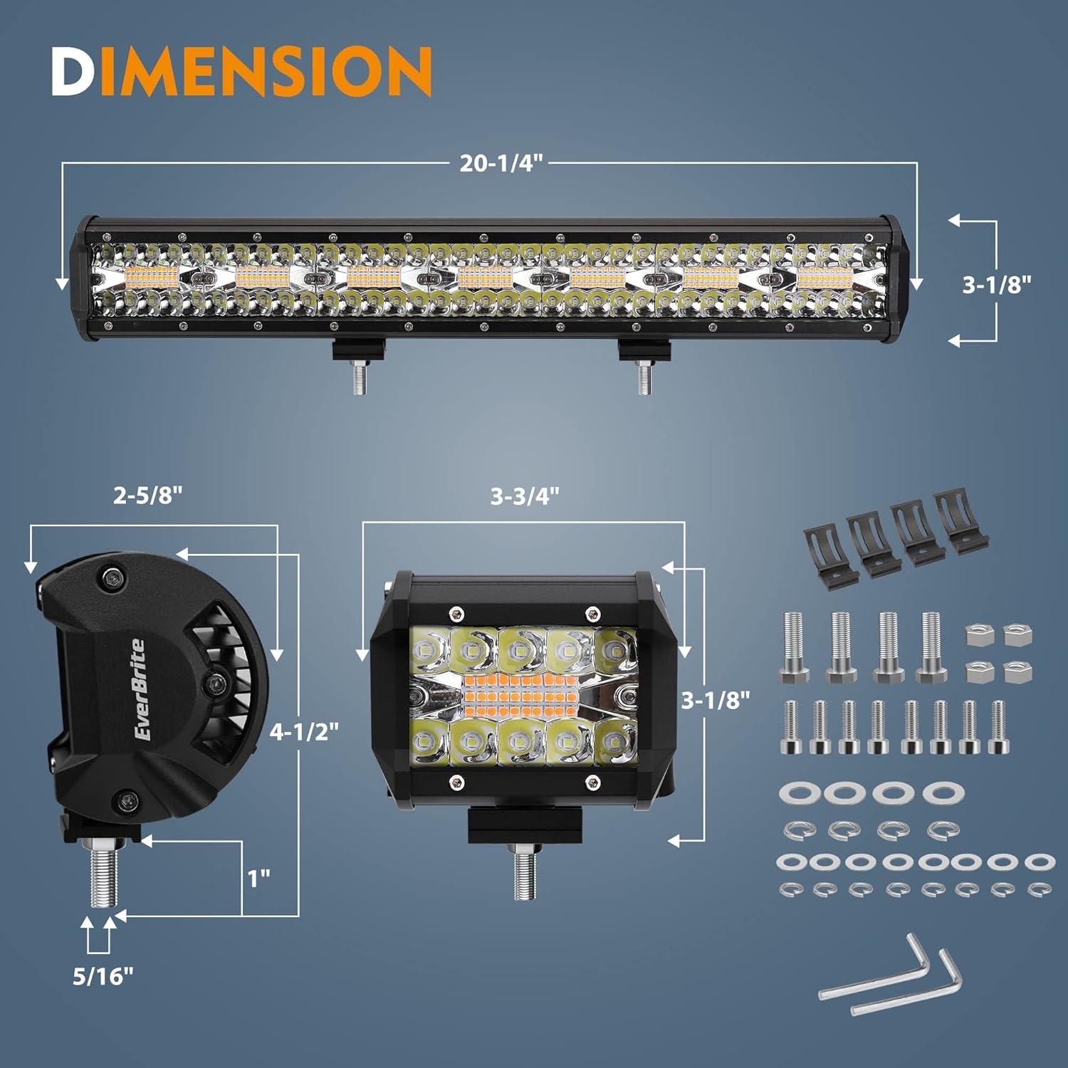 image:imageEverBrite 420W 20 Inch Led Pods 2PCS 60W 4 Inch Led Pods White Amber Strobe 6 Modes with Memory Function Off Road 12V Led Lights for Trucks Car ATV SUV Cabin Boat 16AWG Wiring Harness Kit