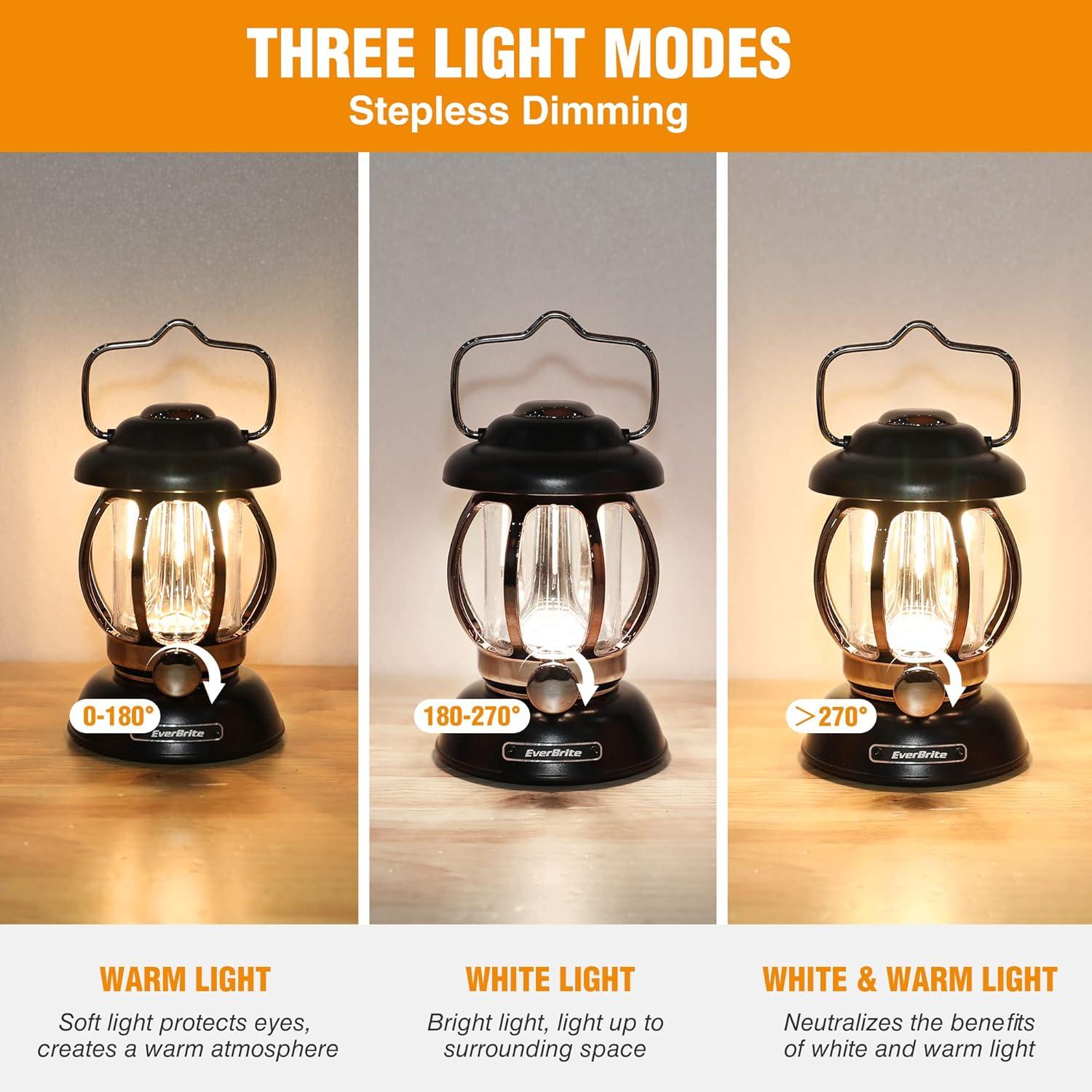 image:imageEverBrite Camping Lantern Rechargeable Retro Metal Camping Light 4400mAh Battery Powered Hanging Vintage Camping Lamp 3 Light Modes Outdoor Tent Light Emergency Lantern for Power Outage Black