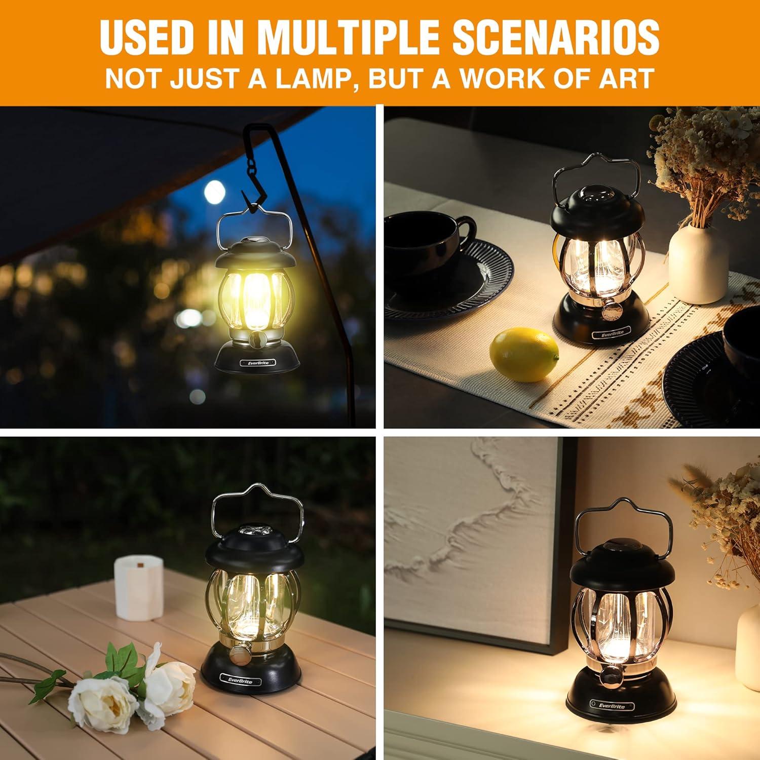 image:imageEverBrite Camping Lantern Rechargeable Retro Metal Camping Light 4400mAh Battery Powered Hanging Vintage Camping Lamp 3 Light Modes Outdoor Tent Light Emergency Lantern for Power Outage Black