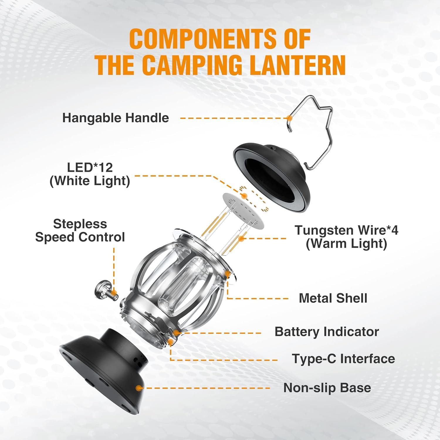 image:imageEverBrite Camping Lantern Rechargeable Retro Metal Camping Light 4400mAh Battery Powered Hanging Vintage Camping Lamp 3 Light Modes Outdoor Tent Light Emergency Lantern for Power Outage Black