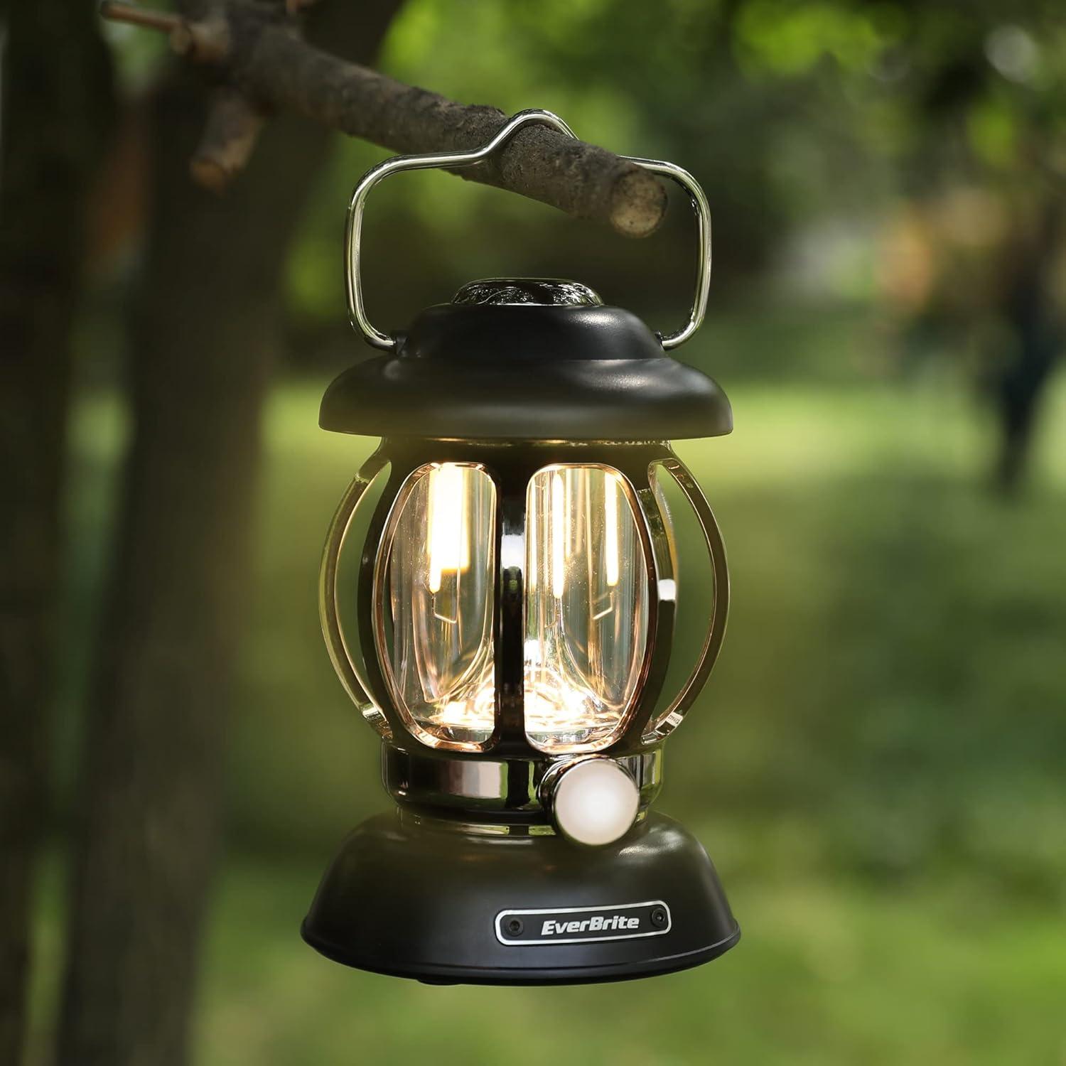 image:imageEverBrite Camping Lantern Rechargeable Retro Metal Camping Light 4400mAh Battery Powered Hanging Vintage Camping Lamp 3 Light Modes Outdoor Tent Light Emergency Lantern for Power Outage Black