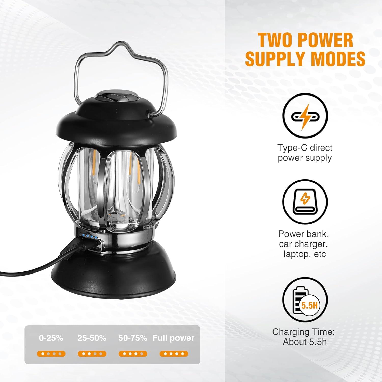 image:imageEverBrite Camping Lantern Rechargeable Retro Metal Camping Light 4400mAh Battery Powered Hanging Vintage Camping Lamp 3 Light Modes Outdoor Tent Light Emergency Lantern for Power Outage Black