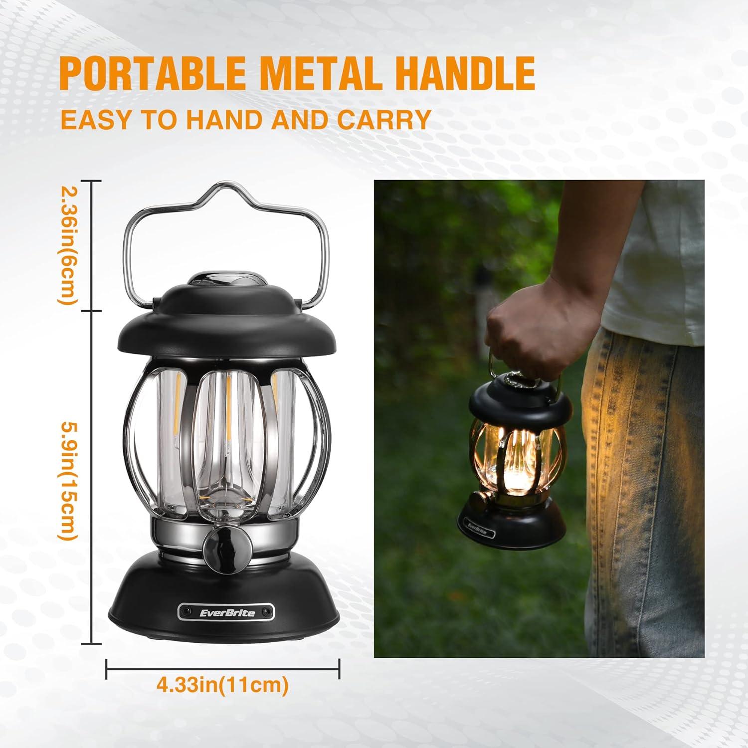 image:imageEverBrite Camping Lantern Rechargeable Retro Metal Camping Light 4400mAh Battery Powered Hanging Vintage Camping Lamp 3 Light Modes Outdoor Tent Light Emergency Lantern for Power Outage Black