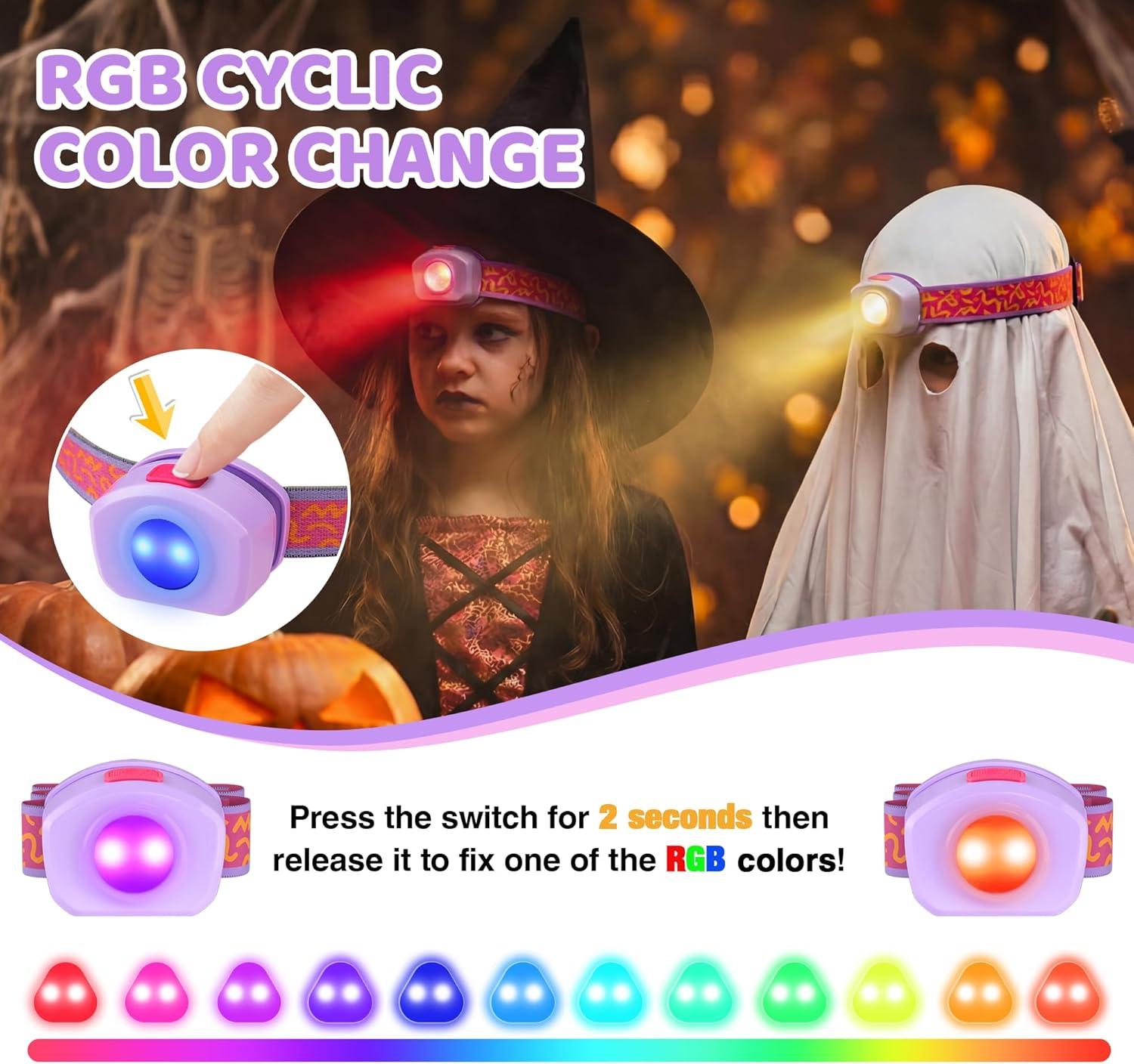 image:imageEverBrite LED Headlamp Rechargeable Kids Headlamp with RGB Mode and Adjustable Headband 3 Modes Multicolor Headlamp for Camping Reading Exploring Halloween ChristmasSweety 2 Pack