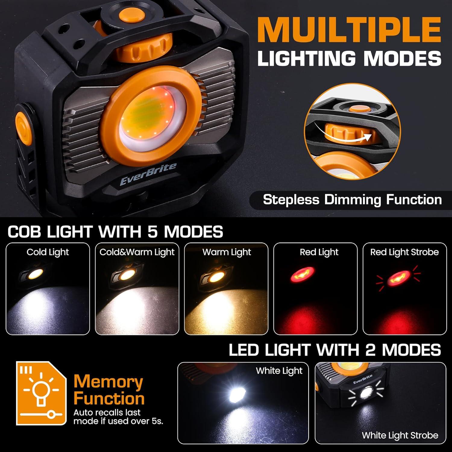 image:imageEverBrite Magnetic Work Light Rechargeable LED 2000LM Portable Mechanic Light with 7 Modes 360 Rotatable Stepless Dimming COB for Car Repairing Emergency Power Outage Fishing USBC Power Bank7 Modes 2000LM