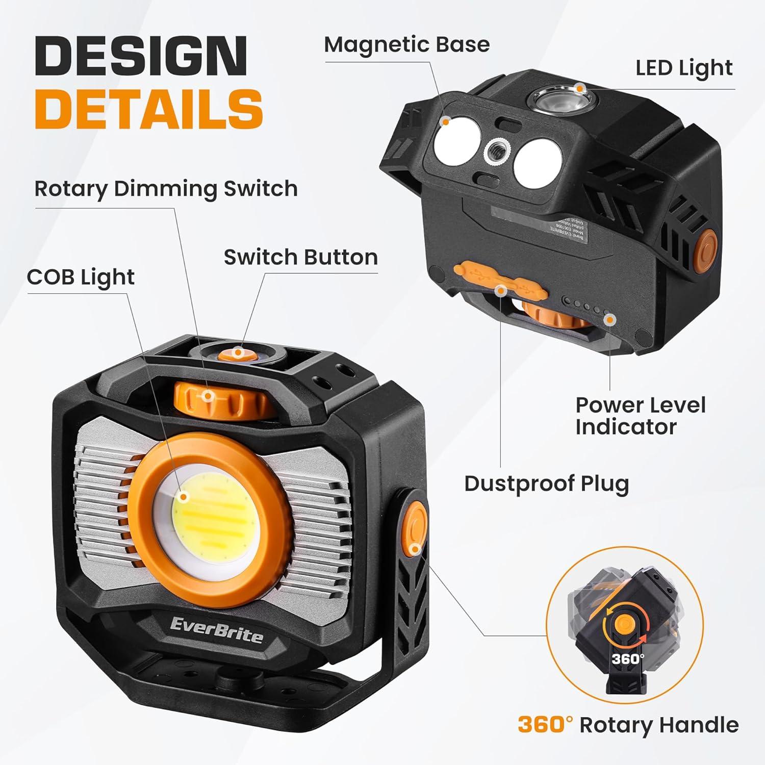 image:imageEverBrite Magnetic Work Light Rechargeable LED 2000LM Portable Mechanic Light with 7 Modes 360 Rotatable Stepless Dimming COB for Car Repairing Emergency Power Outage Fishing USBC Power Bank7 Modes 2000LM