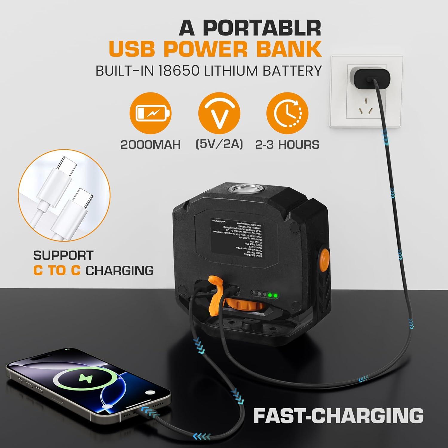 image:imageEverBrite Magnetic Work Light Rechargeable LED 2000LM Portable Mechanic Light with 7 Modes 360 Rotatable Stepless Dimming COB for Car Repairing Emergency Power Outage Fishing USBC Power Bank7 Modes 2000LM