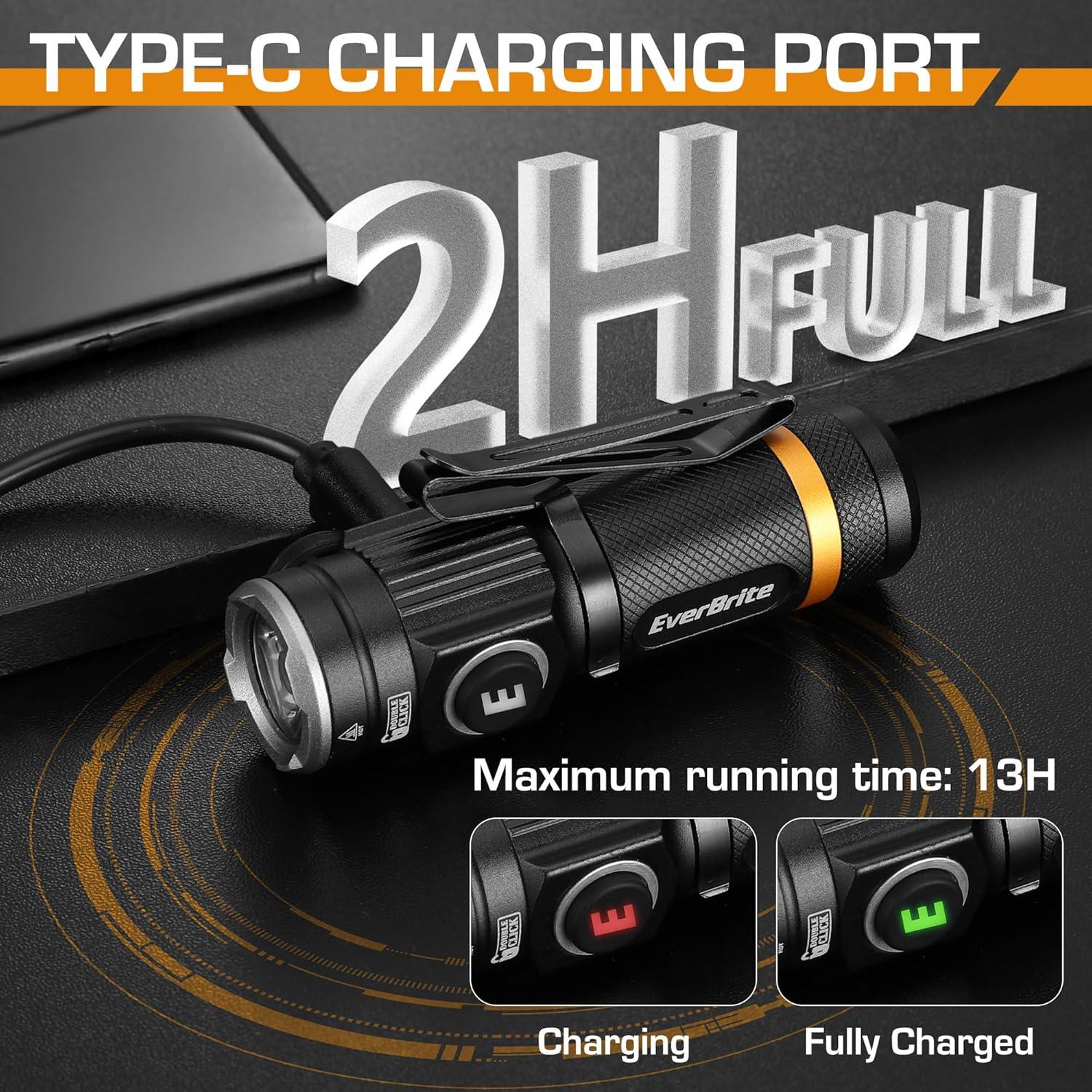 image:imageEverBrite Mini Flashlight Rechargeable Flashlight with USB C Cable 5 Light Modes Pocket Flashlight 500 Lumens Magnetic Flashlight with Clip for Repair Outdoors Emergency