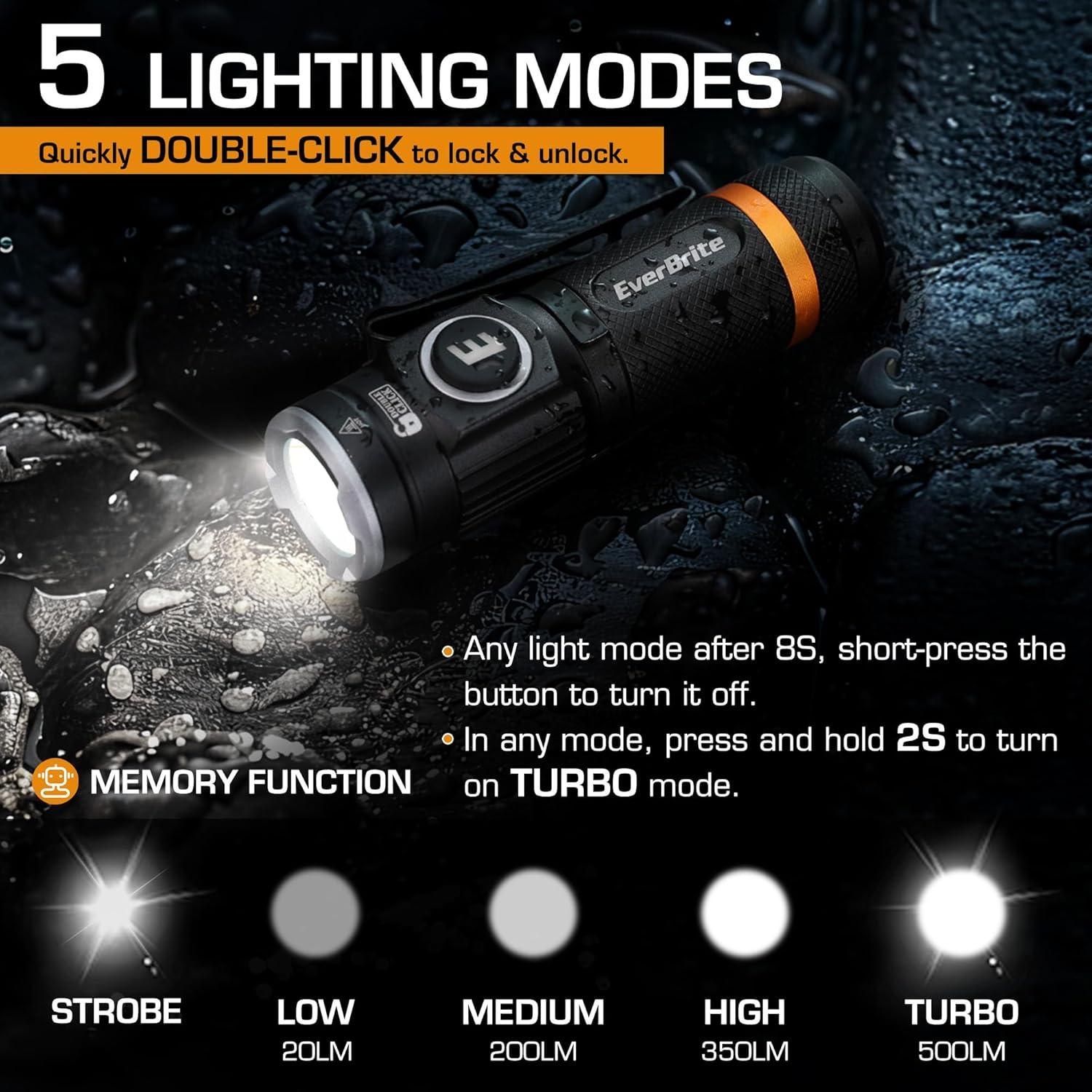 image:imageEverBrite Mini Flashlight Rechargeable Flashlight with USB C Cable 5 Light Modes Pocket Flashlight 500 Lumens Magnetic Flashlight with Clip for Repair Outdoors Emergency