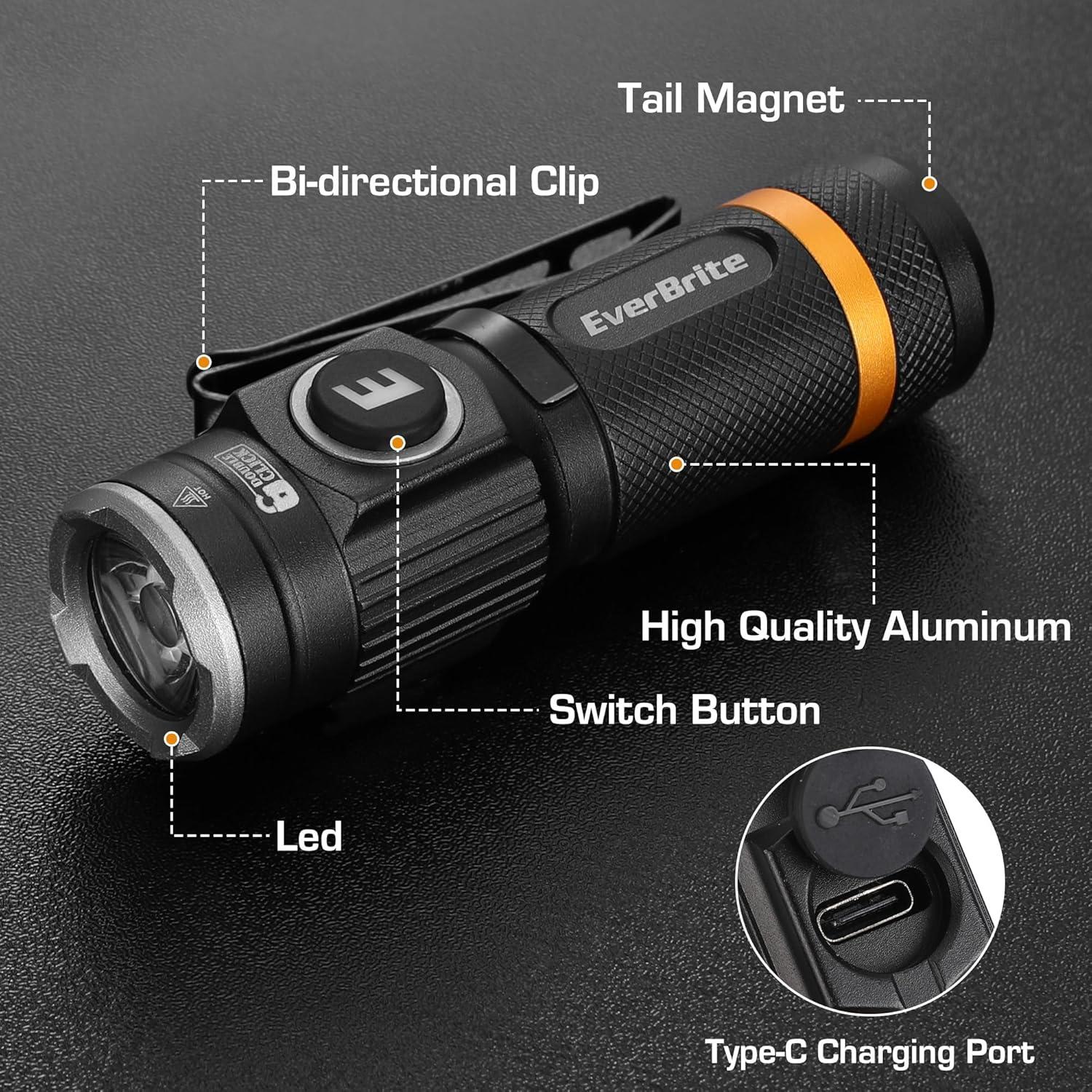 image:imageEverBrite Mini Flashlight Rechargeable Flashlight with USB C Cable 5 Light Modes Pocket Flashlight 500 Lumens Magnetic Flashlight with Clip for Repair Outdoors Emergency