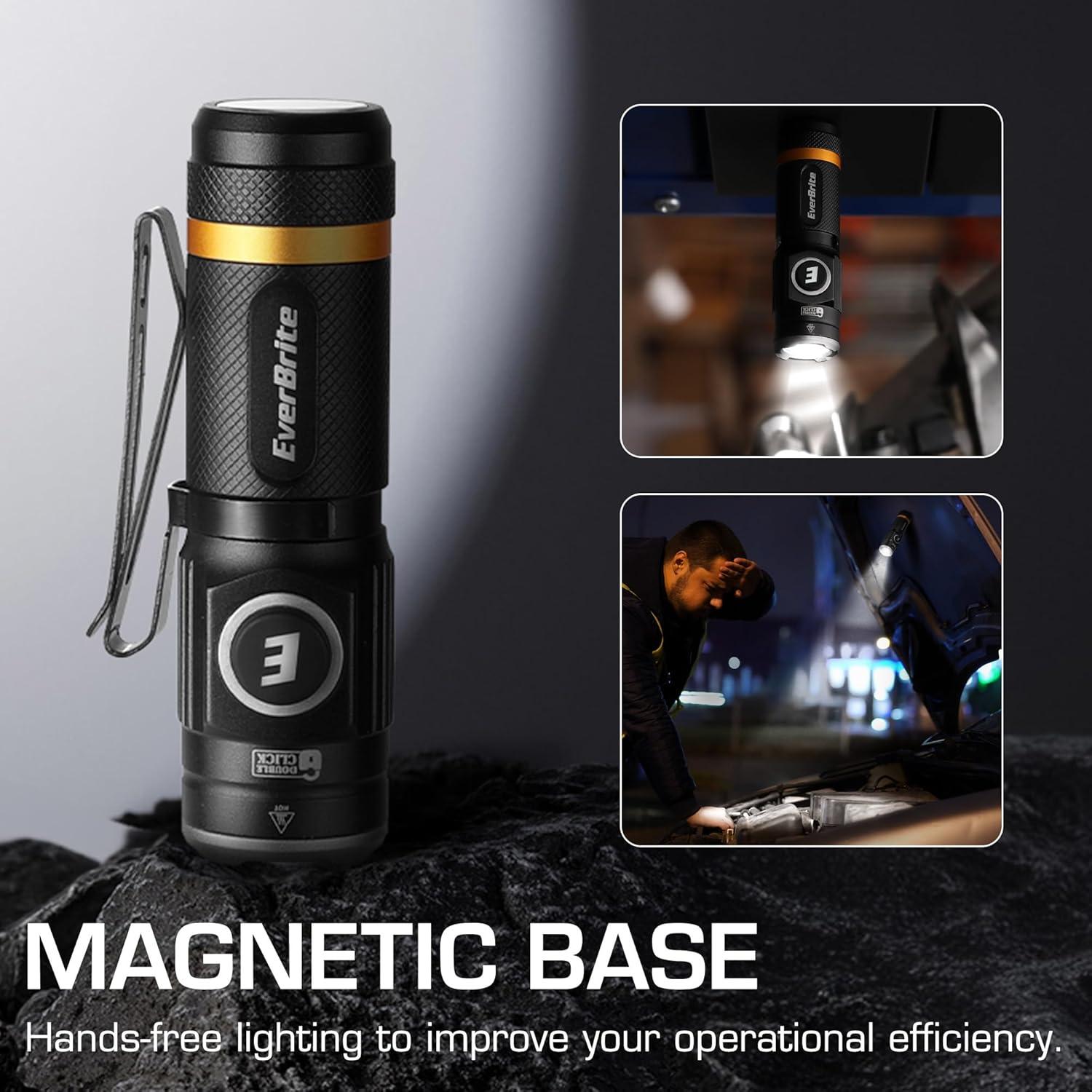 image:imageEverBrite Mini Flashlight Rechargeable Flashlight with USB C Cable 5 Light Modes Pocket Flashlight 500 Lumens Magnetic Flashlight with Clip for Repair Outdoors Emergency