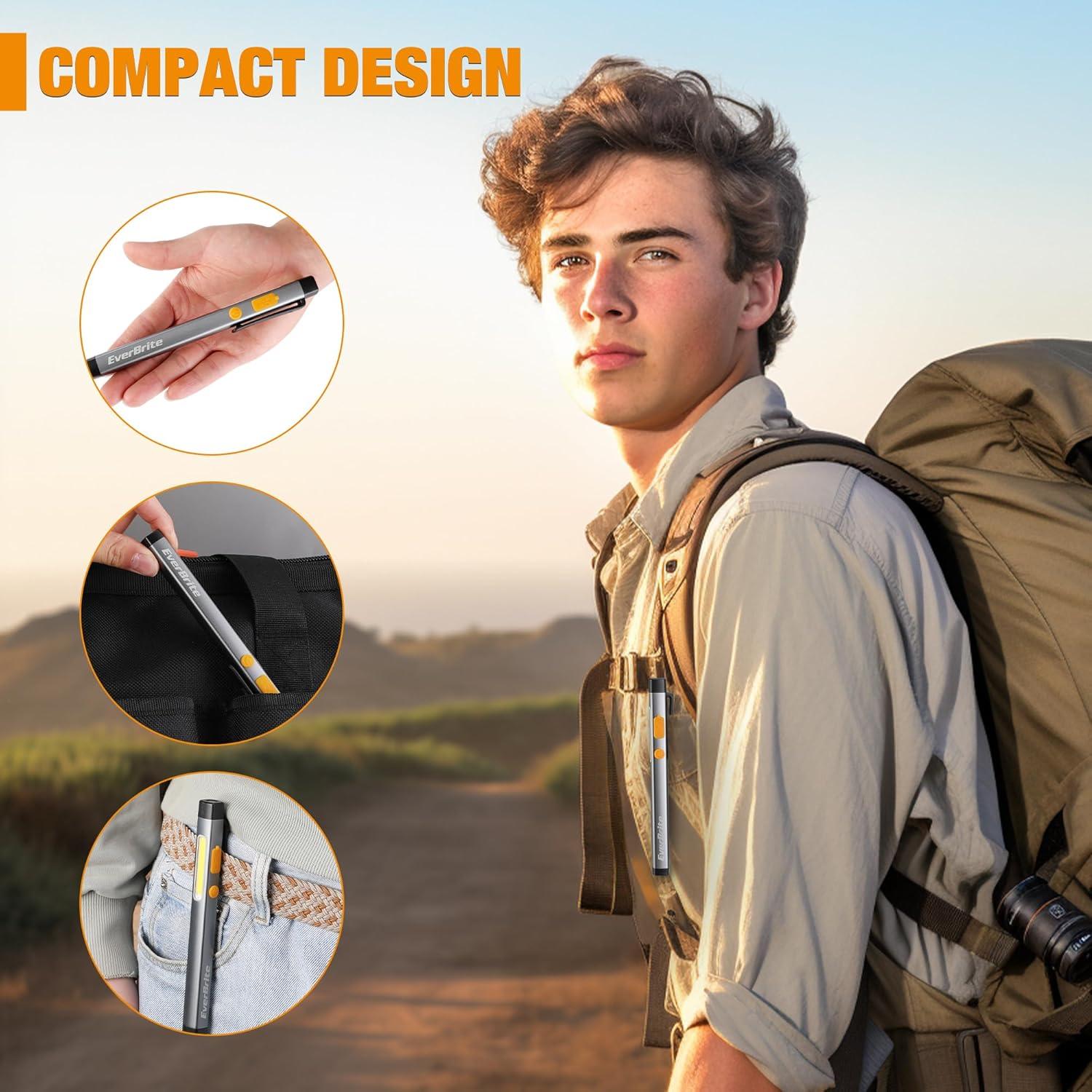 image:imageEverBrite Pen Flashlight Rechargeable LED Pen Light COB Light with White and Red Modes Memory Function USB C Cable 6 Modes Pocket Penlight with Clip and Magnet Waterproof for Camping Emergency