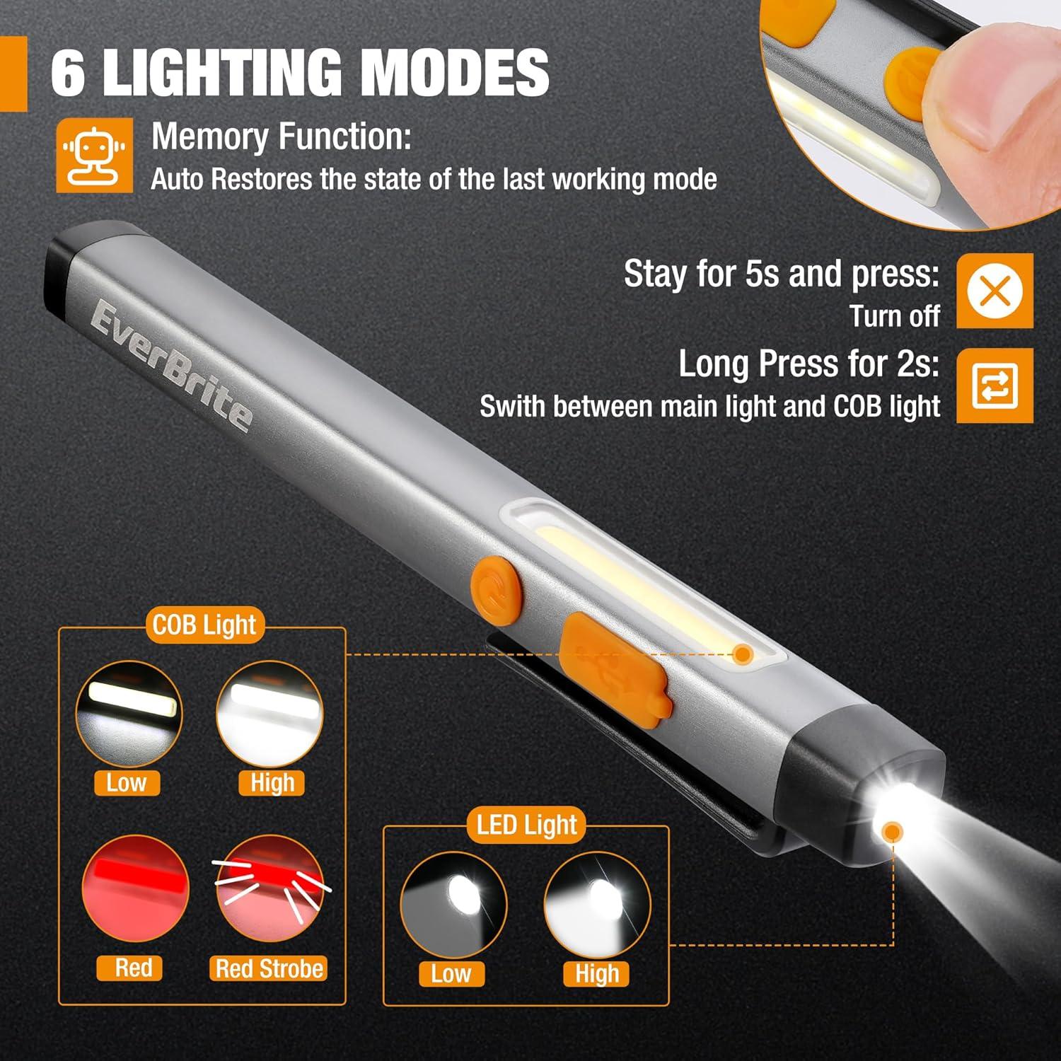 image:imageEverBrite Pen Flashlight Rechargeable LED Pen Light COB Light with White and Red Modes Memory Function USB C Cable 6 Modes Pocket Penlight with Clip and Magnet Waterproof for Camping Emergency