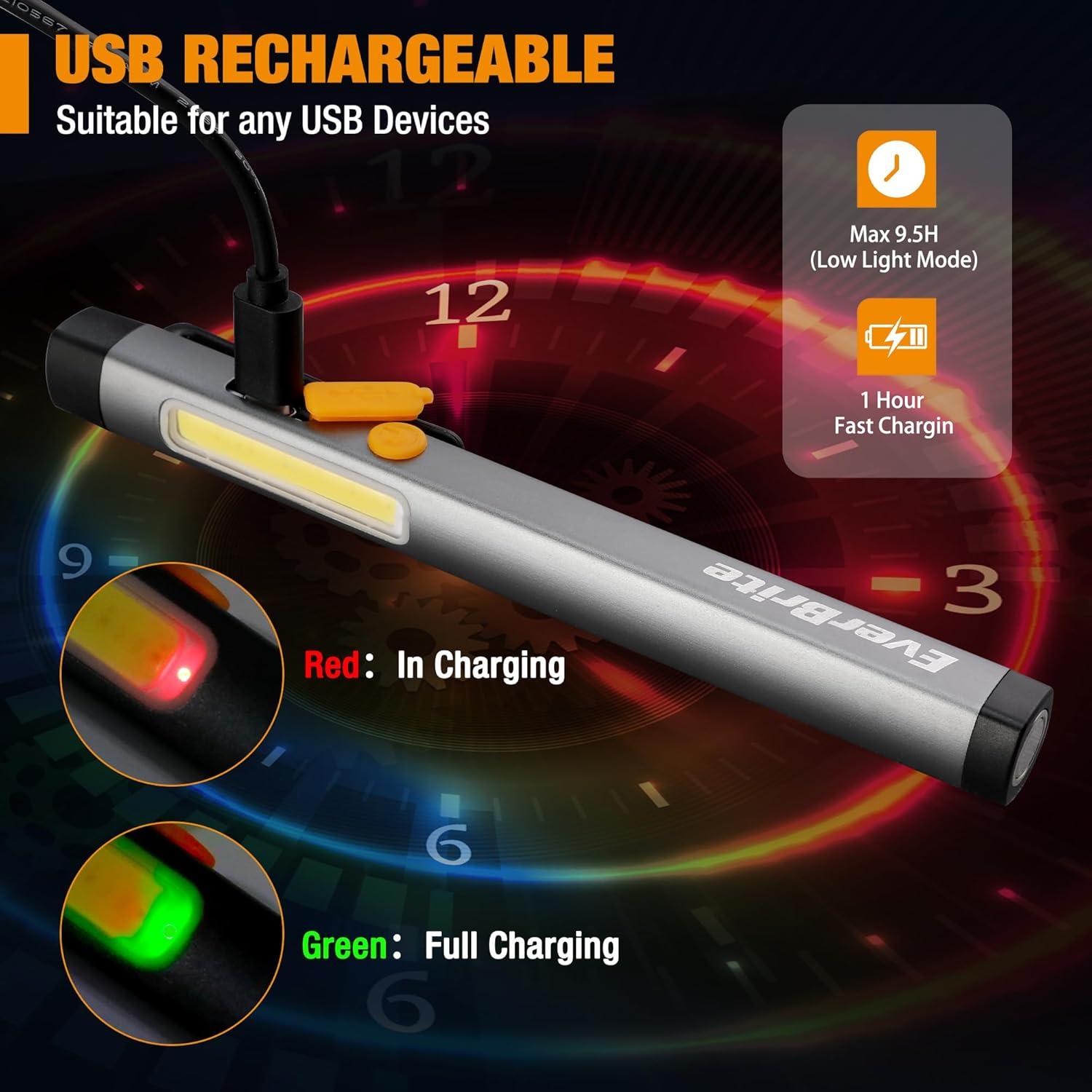 image:imageEverBrite Pen Flashlight Rechargeable LED Pen Light COB Light with White and Red Modes Memory Function USB C Cable 6 Modes Pocket Penlight with Clip and Magnet Waterproof for Camping Emergency