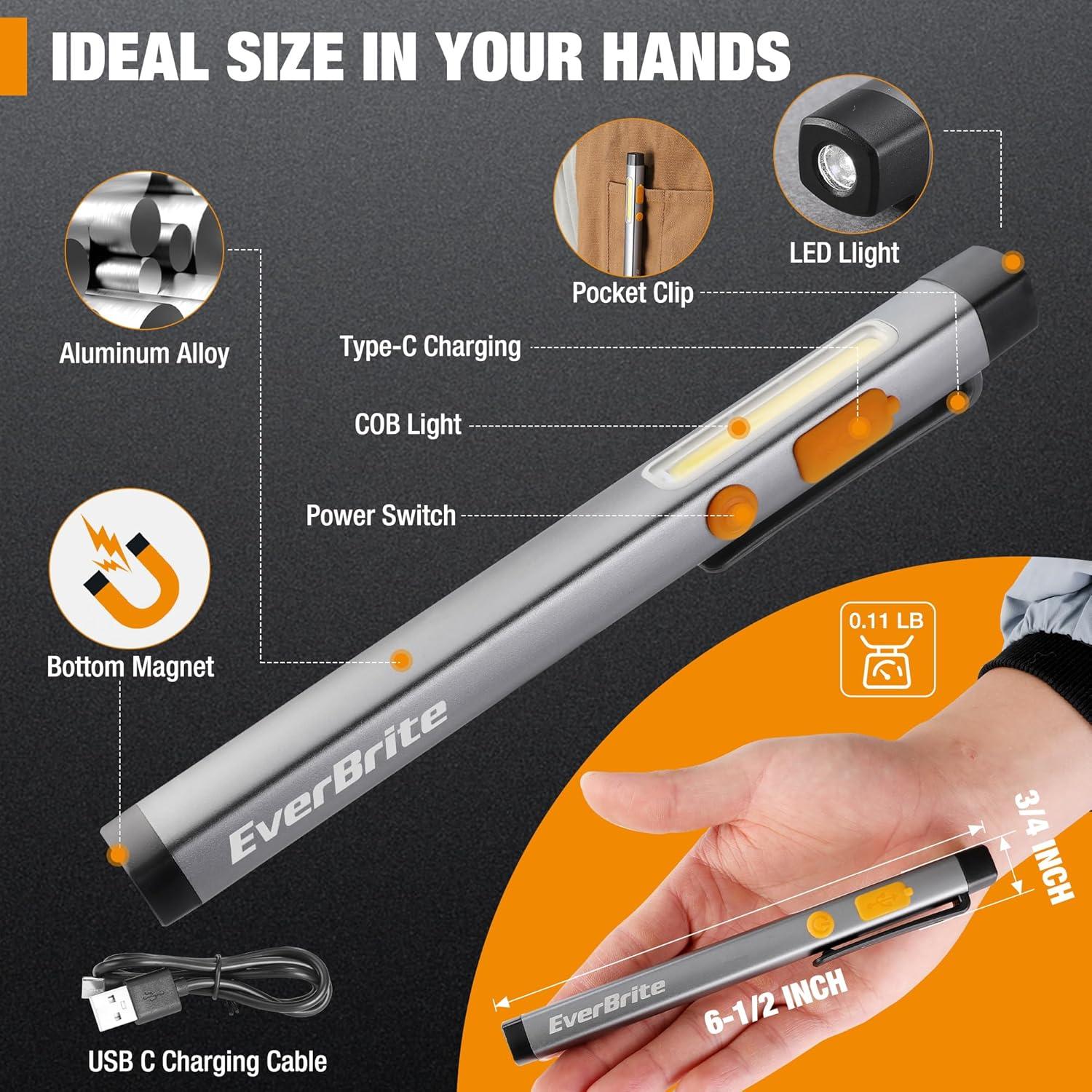 image:imageEverBrite Pen Flashlight Rechargeable LED Pen Light COB Light with White and Red Modes Memory Function USB C Cable 6 Modes Pocket Penlight with Clip and Magnet Waterproof for Camping Emergency