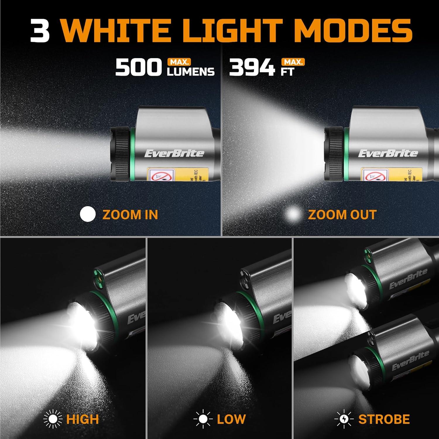 image:imageEverBrite Rechargeable EDC Flashlight with White Light and Green Beam 500 Lumens Zoomable LED Flash Light Magnetic Work Light with Pocket Clip and USBC Cable for Repair Working Camping Emergency