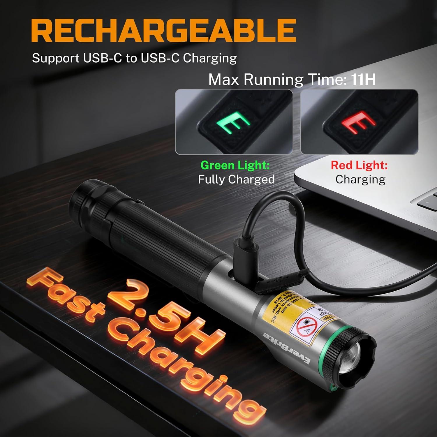 image:imageEverBrite Rechargeable EDC Flashlight with White Light and Green Beam 500 Lumens Zoomable LED Flash Light Magnetic Work Light with Pocket Clip and USBC Cable for Repair Working Camping Emergency