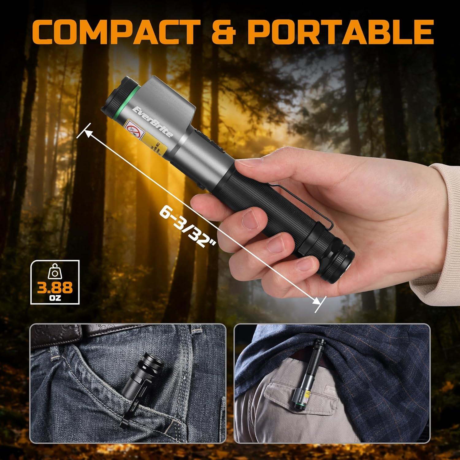 image:imageEverBrite Rechargeable EDC Flashlight with White Light and Green Beam 500 Lumens Zoomable LED Flash Light Magnetic Work Light with Pocket Clip and USBC Cable for Repair Working Camping Emergency