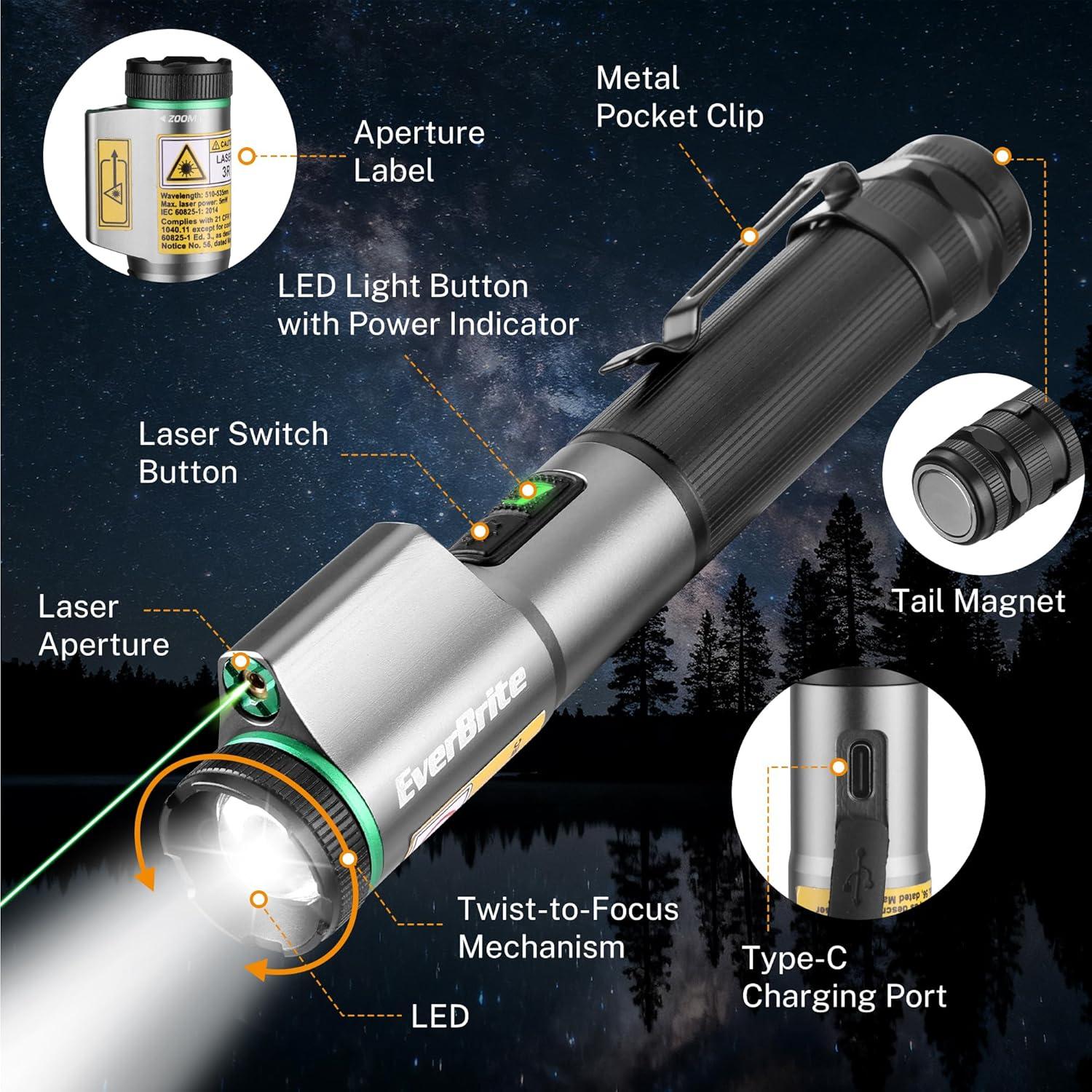 image:imageEverBrite Rechargeable EDC Flashlight with White Light and Green Beam 500 Lumens Zoomable LED Flash Light Magnetic Work Light with Pocket Clip and USBC Cable for Repair Working Camping Emergency