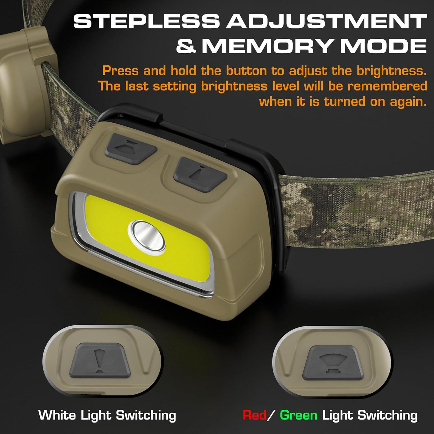 image:imageEverBrite Rechargeable Headlamp 350 Lumens Headlight with RedGreen Light and Tail Light 7 Lighting Modes with Memory Function Perfect for Trail Running Camping and HikingCamo Green