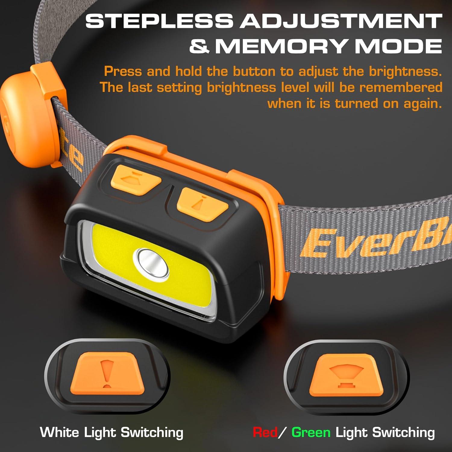 image:imageEverBrite Rechargeable Headlamp 350 Lumens Headlight with RedGreen Light and Tail Light 7 Lighting Modes with Memory Function Perfect for Trail Running Camping and HikingGray