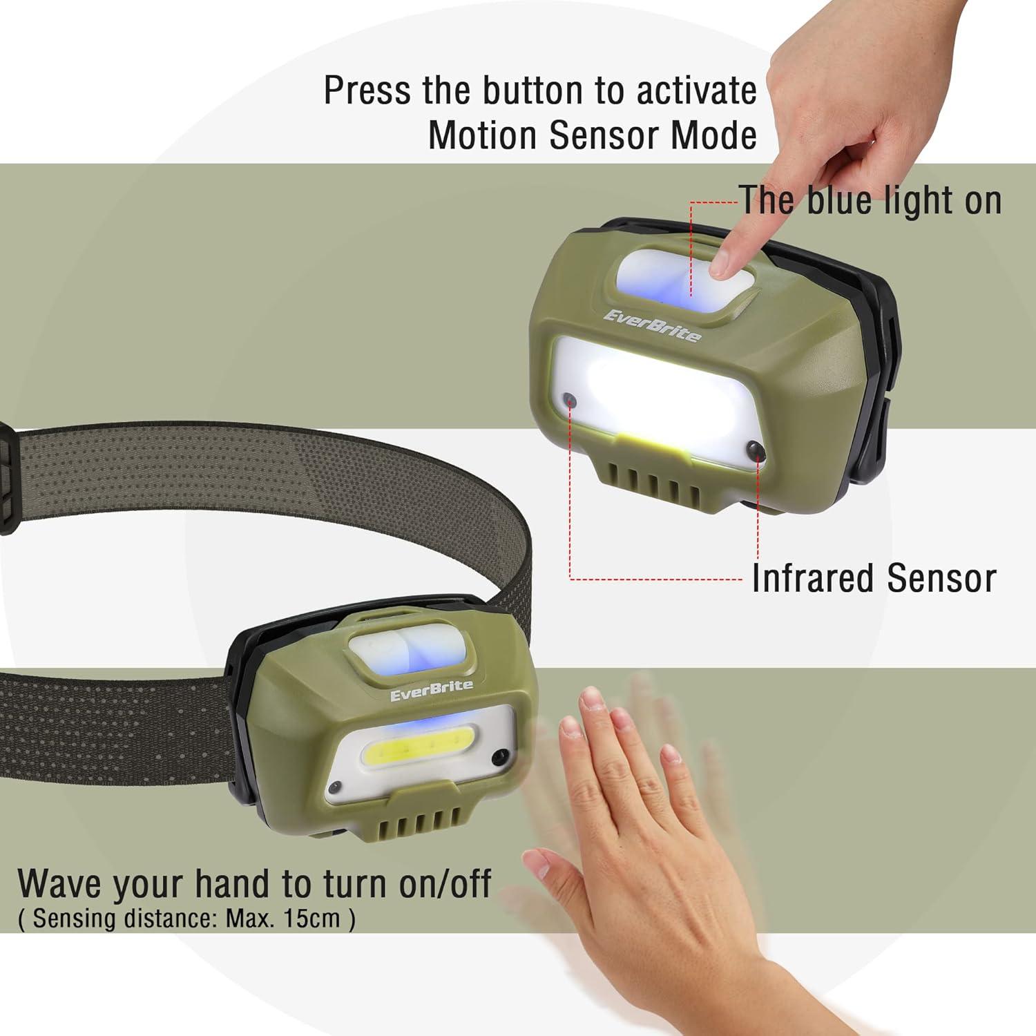 image:imageEverBrite Rechargeable Headlamp LED Bright Motion Sensor Head Lamp Flashlight with 6 Modes Adjustable Headlight for Adults with White Red Light Water Resistant Green for Hiking Running CampingGreen