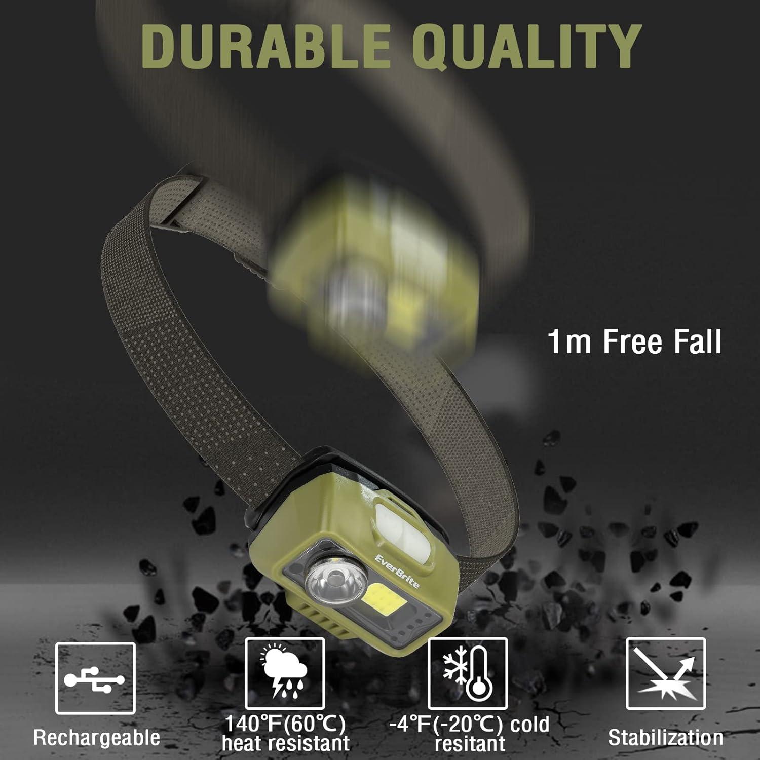 image:imageEverBrite Rechargeable Headlamp LED Bright Motion Sensor Head Lamp Flashlight with 9 Modes Adjustable Headlight for Adults with White Red Light Water Resistant Khaki for Hiking Running CampingGreen