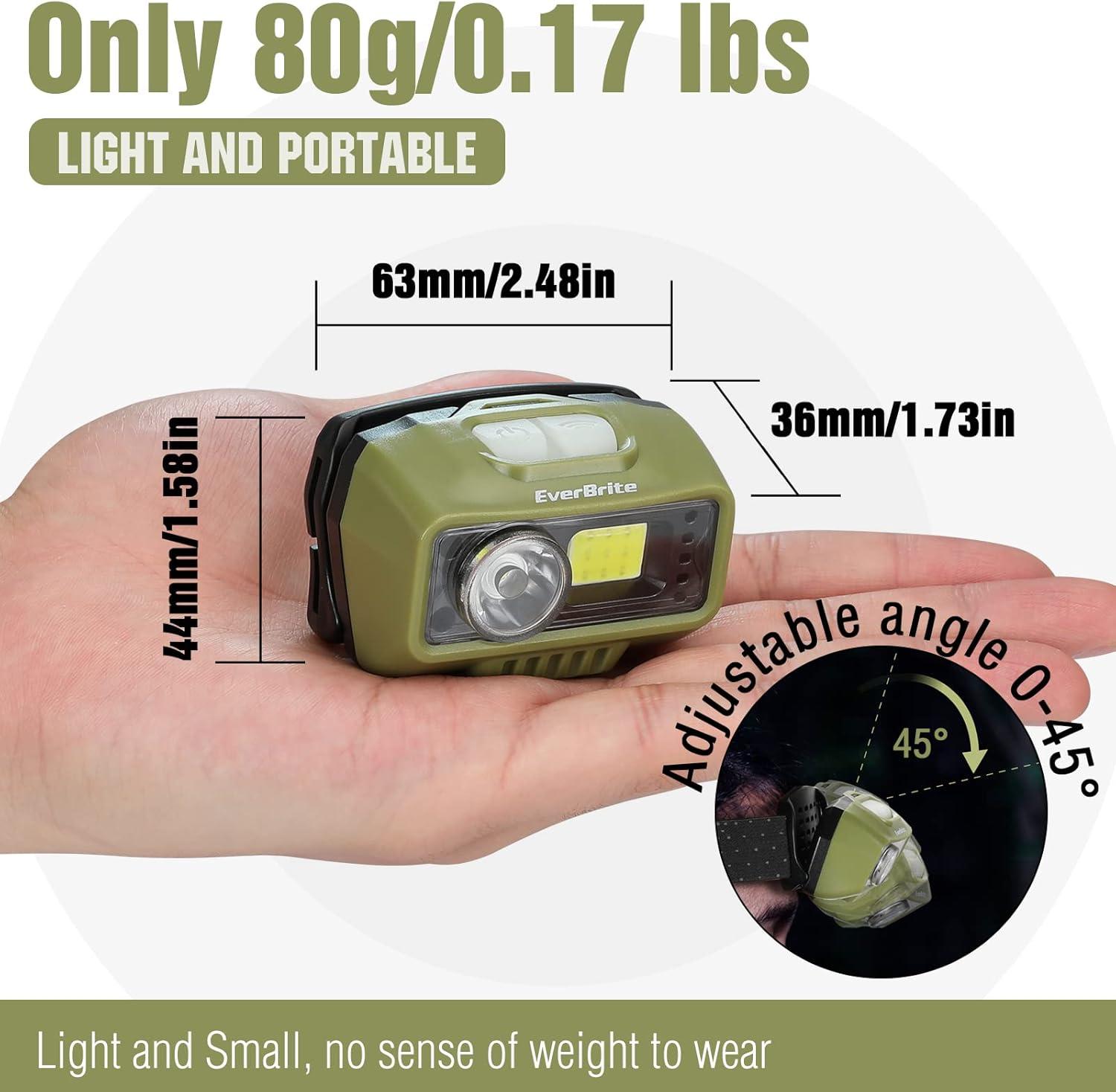 image:imageEverBrite Rechargeable Headlamp LED Bright Motion Sensor Head Lamp Flashlight with 9 Modes Adjustable Headlight for Adults with White Red Light Water Resistant Khaki for Hiking Running CampingGreen
