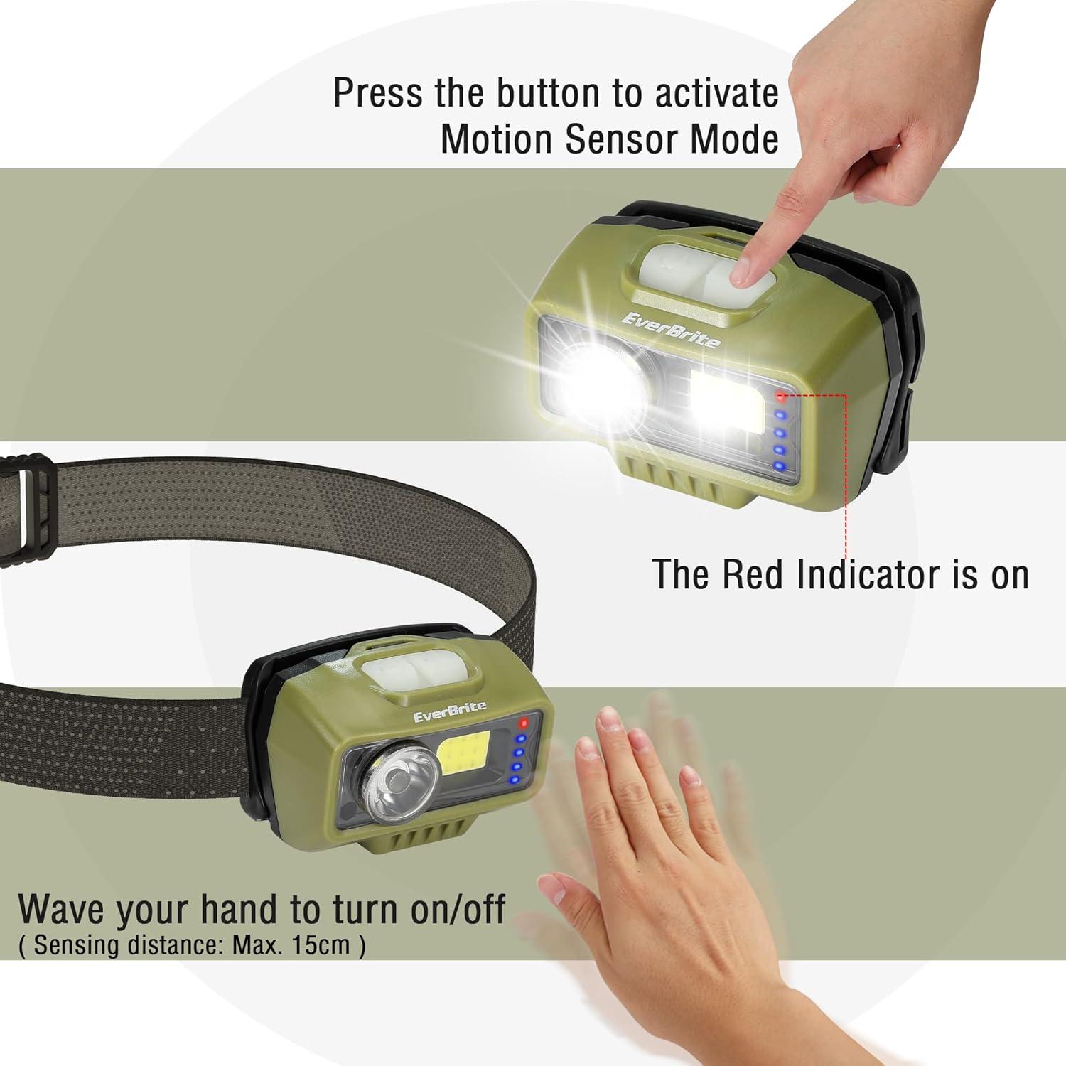 image:imageEverBrite Rechargeable Headlamp LED Bright Motion Sensor Head Lamp Flashlight with 9 Modes Adjustable Headlight for Adults with White Red Light Water Resistant Khaki for Hiking Running CampingGreen