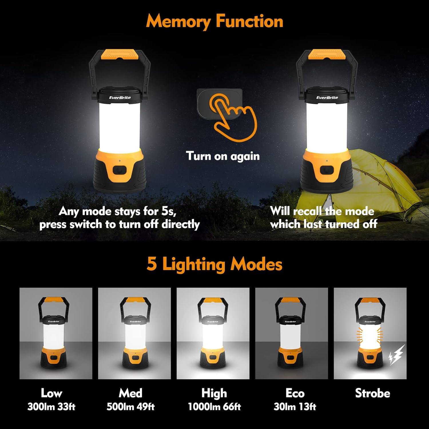 image:imageEverBrite Rechargeable LED Camping Lantern with Power Bank Function 1000 Lumens Camping Lights 5 Lighting Modes Ideal for Power Outages Emergencies Hurricane Home and More