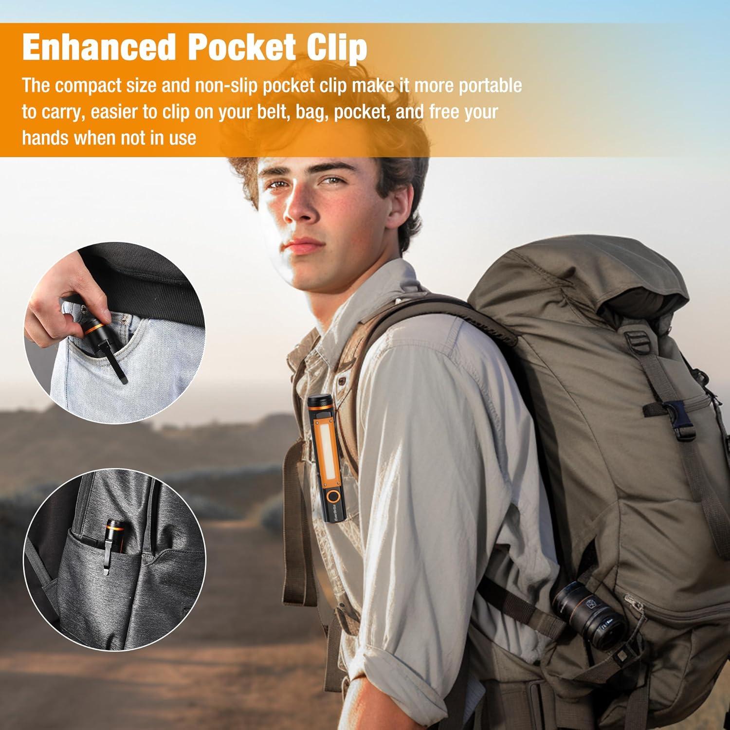 image:imageEverBrite Rechargeable LED Emergency Flashlight 500 Lumens Pocket Flashlight USBC Cable 7 Modes Handheld Flashlights with COB Sidelight Magnetic Base Pocket Clip Light for Camping Emergency