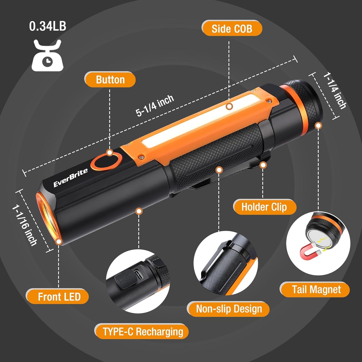image:imageEverBrite Rechargeable LED Emergency Flashlight 500 Lumens Pocket Flashlight USBC Cable 7 Modes Handheld Flashlights with COB Sidelight Magnetic Base Pocket Clip Light for Camping Emergency