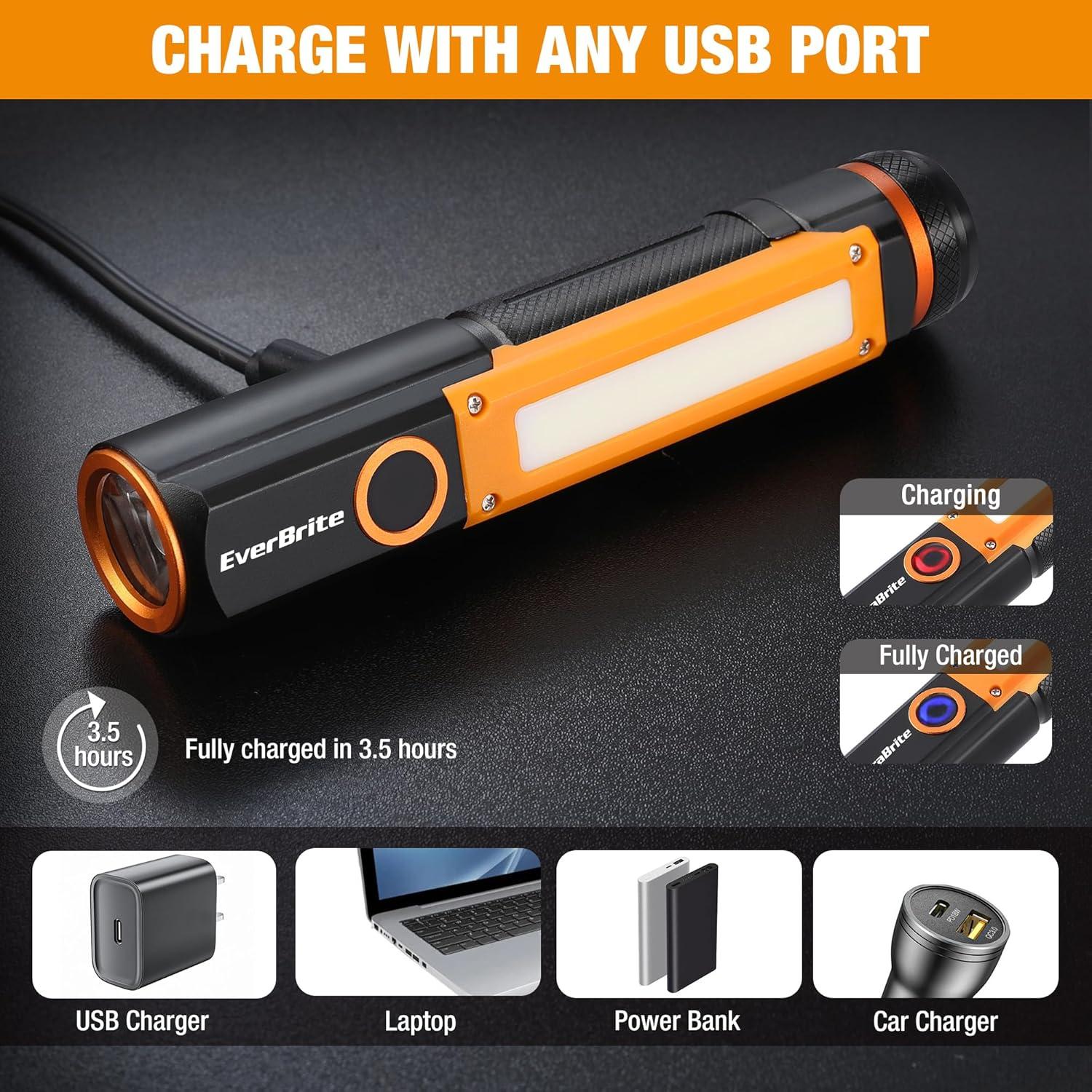 image:imageEverBrite Rechargeable LED Emergency Flashlight 500 Lumens Pocket Flashlight USBC Cable 7 Modes Handheld Flashlights with COB Sidelight Magnetic Base Pocket Clip Light for Camping Emergency