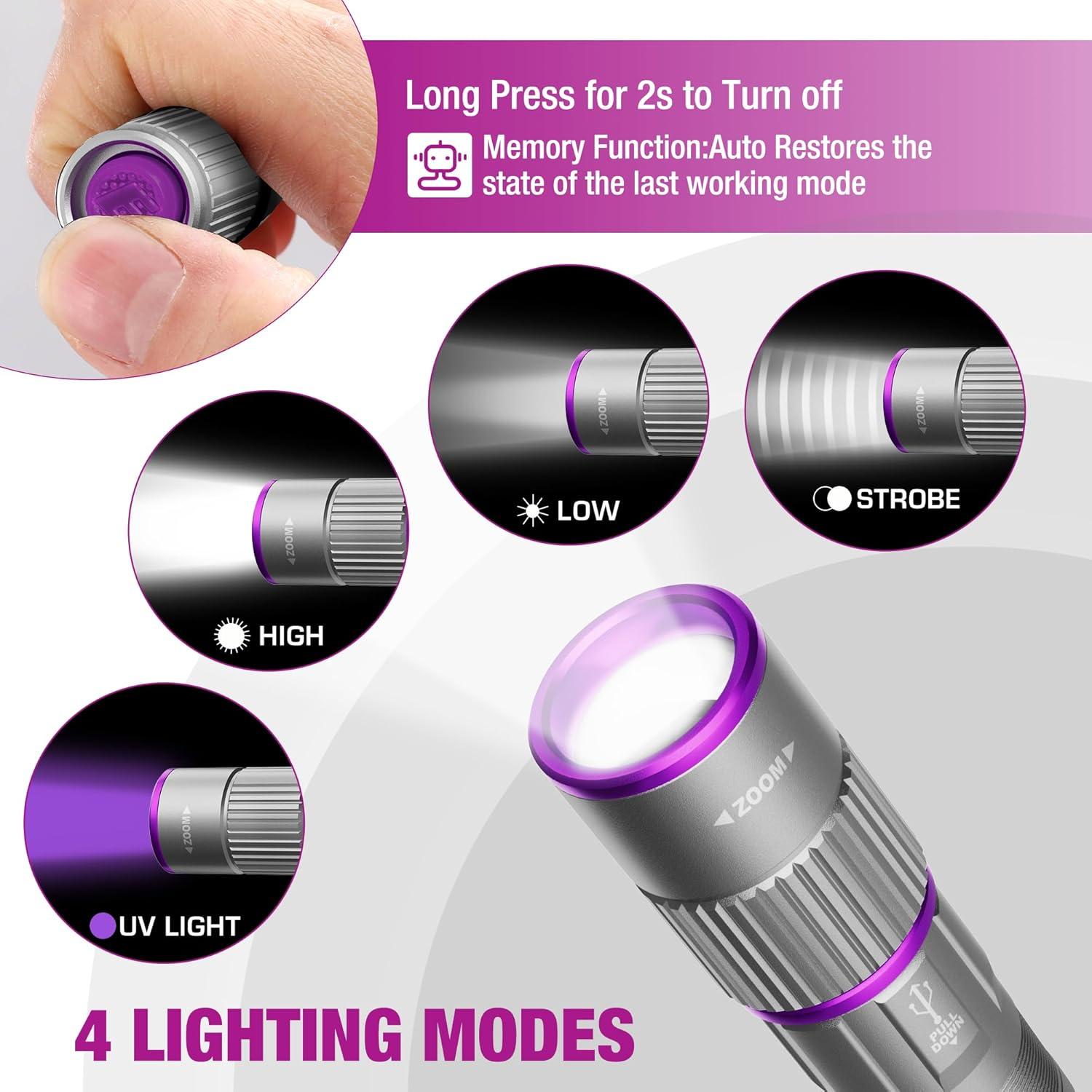 image:imageEverBrite Rechargeable Pen Flashlight with UV Light and White Light 395nm Black Flashlight with Clip Zoomable 4 Modes with Memory Function USB C Cable for Camping Emergency Pet Urine DetectionGray