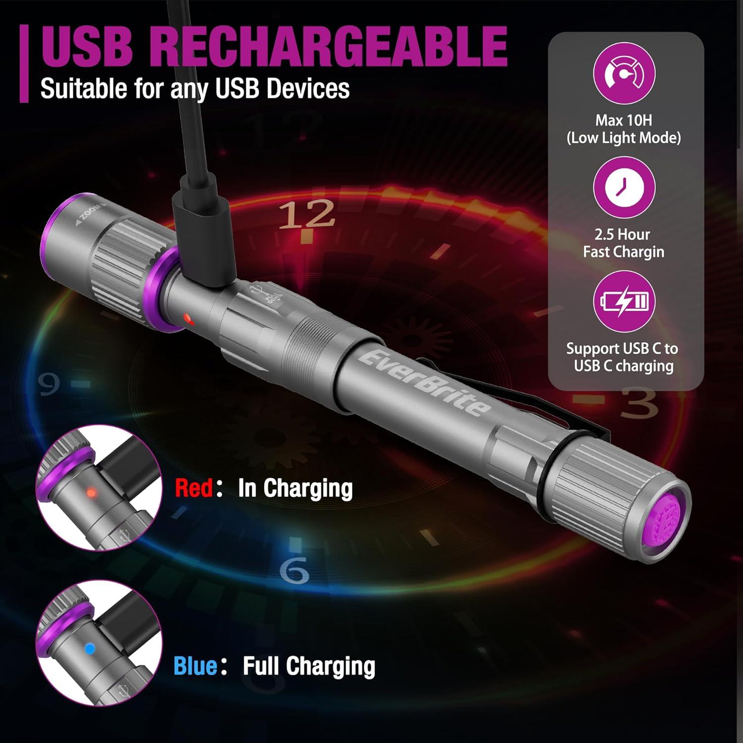 image:imageEverBrite Rechargeable Pen Flashlight with UV Light and White Light 395nm Black Flashlight with Clip Zoomable 4 Modes with Memory Function USB C Cable for Camping Emergency Pet Urine DetectionGray