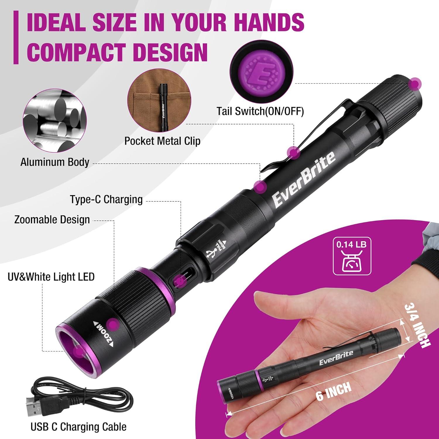 image:imageEverBrite Rechargeable Pen Flashlight with UV Light and White Light 395nm Black Flashlight with Clip Zoomable 4 Modes with Memory Function USB C Cable for Camping Emergency Pet Urine DetectionBlack