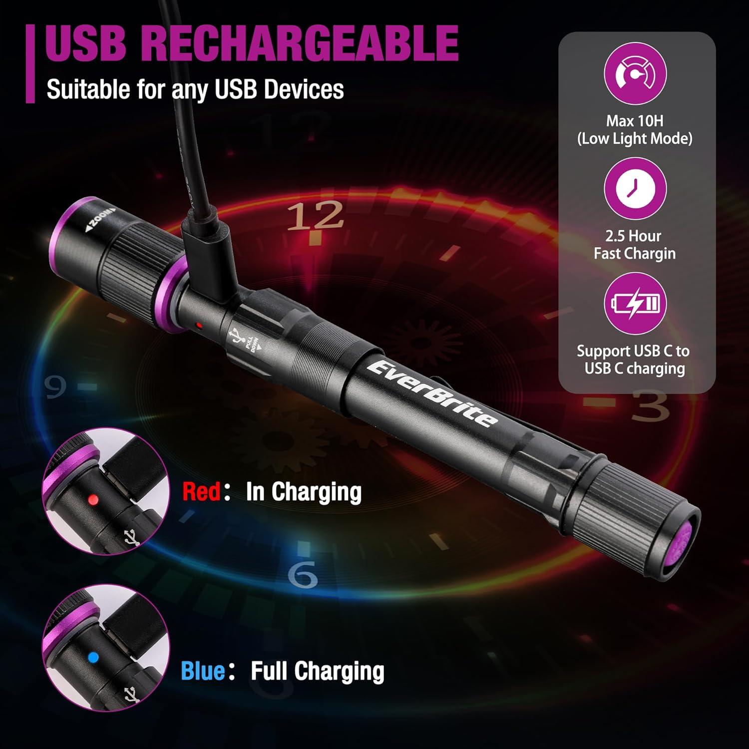 image:imageEverBrite Rechargeable Pen Flashlight with UV Light and White Light 395nm Black Flashlight with Clip Zoomable 4 Modes with Memory Function USB C Cable for Camping Emergency Pet Urine DetectionBlack